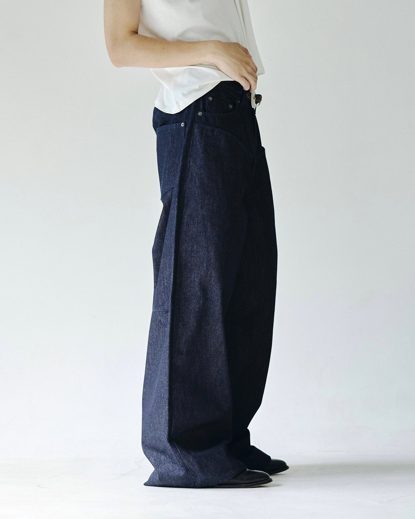 DOUBLE POCKET RIGID SLUB BAGGY DENIM TROUSERS