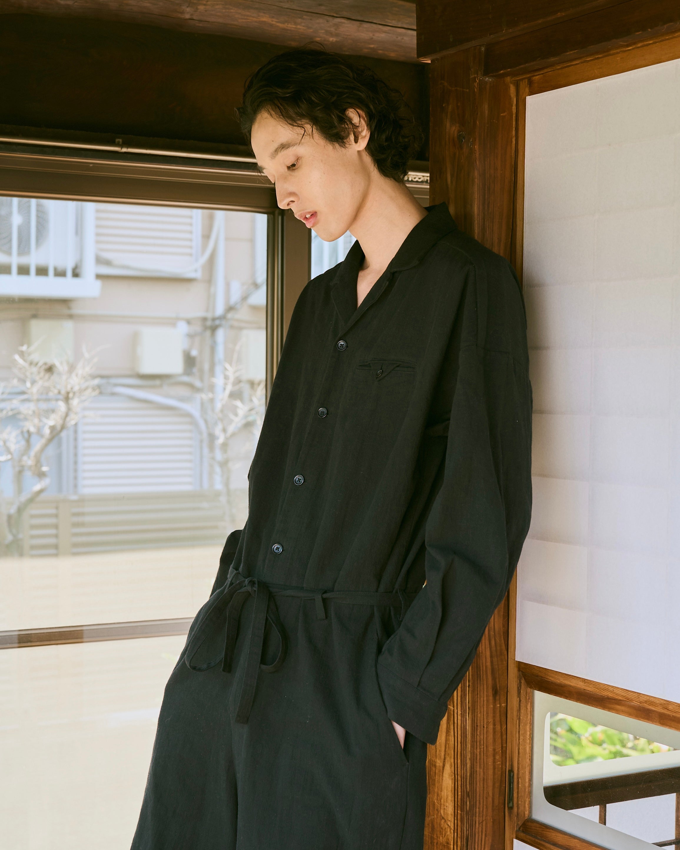 Camphor wood ジャンプスーツ　オールインワン open collar cotton linen belted l/s jump suit / コットン