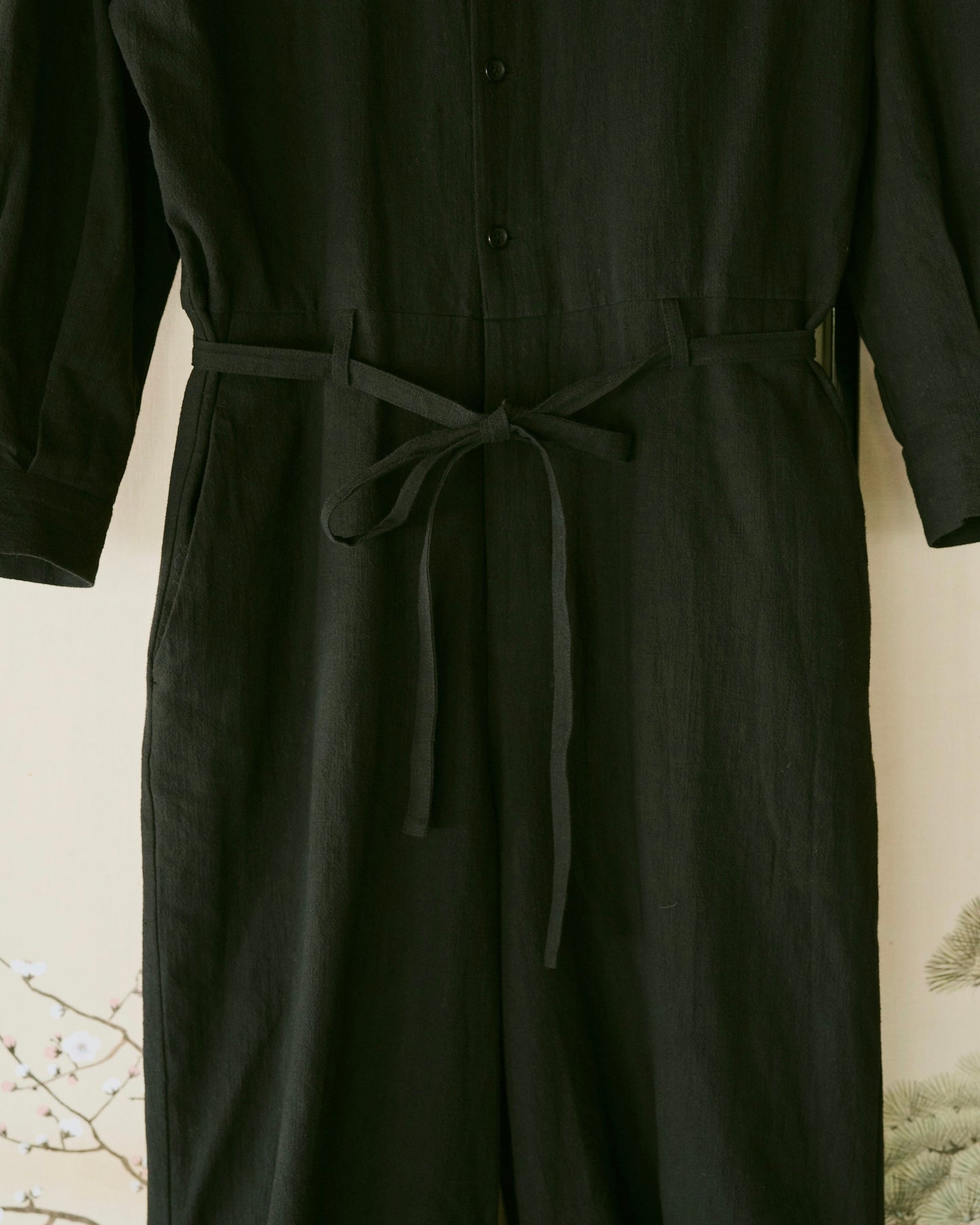 open collar cotton linen belted l/s jump suit