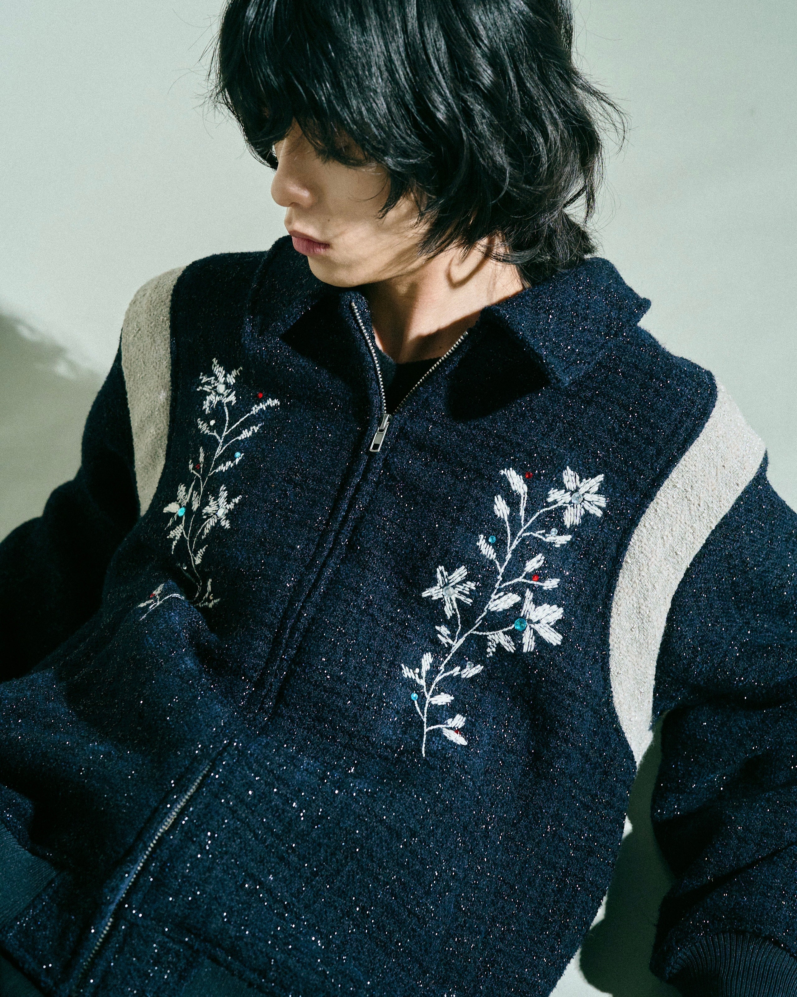 Camphor wood 花刺繍ラメツイードスタジアムジャケット