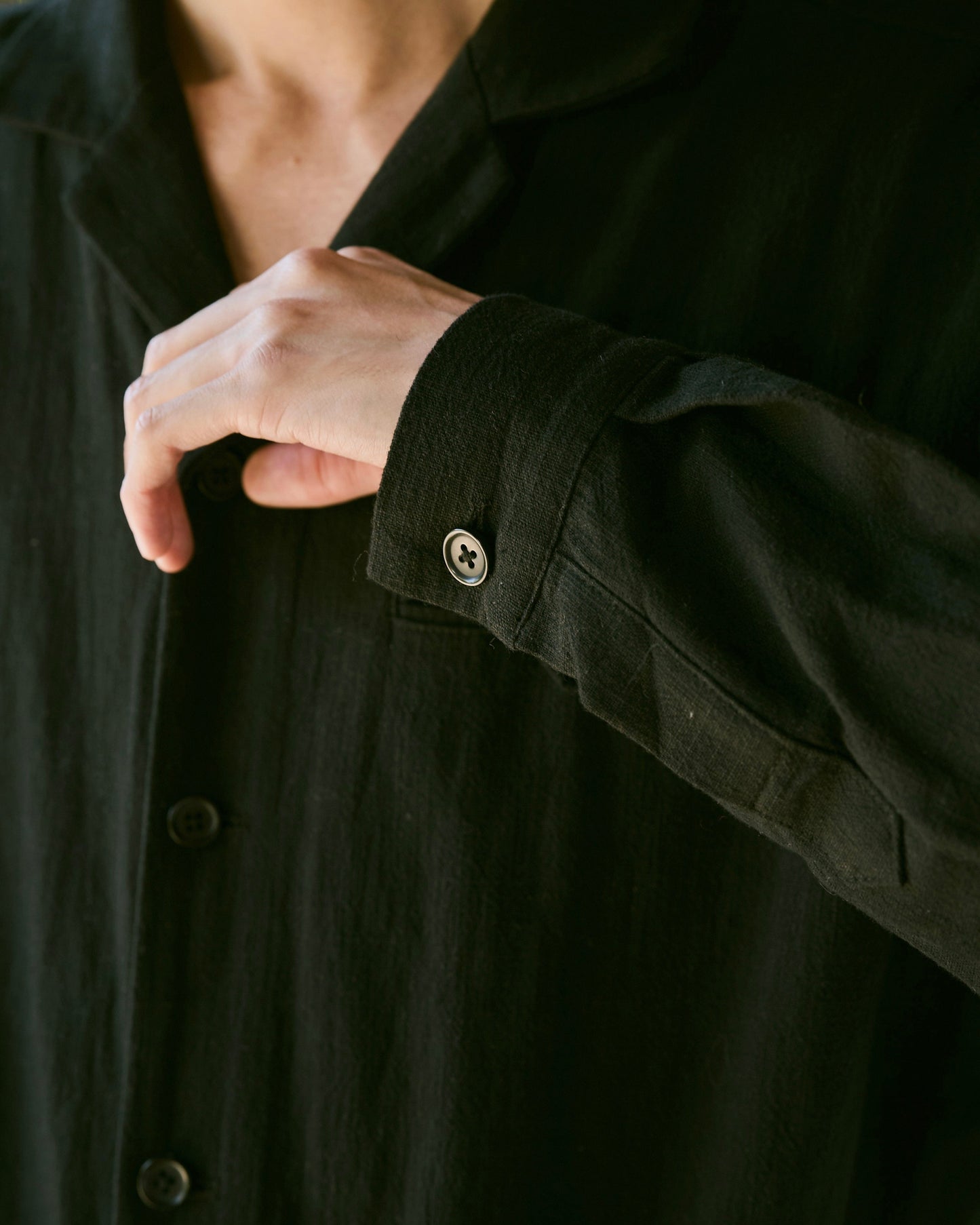open collar cotton linen belted l/s jump suit