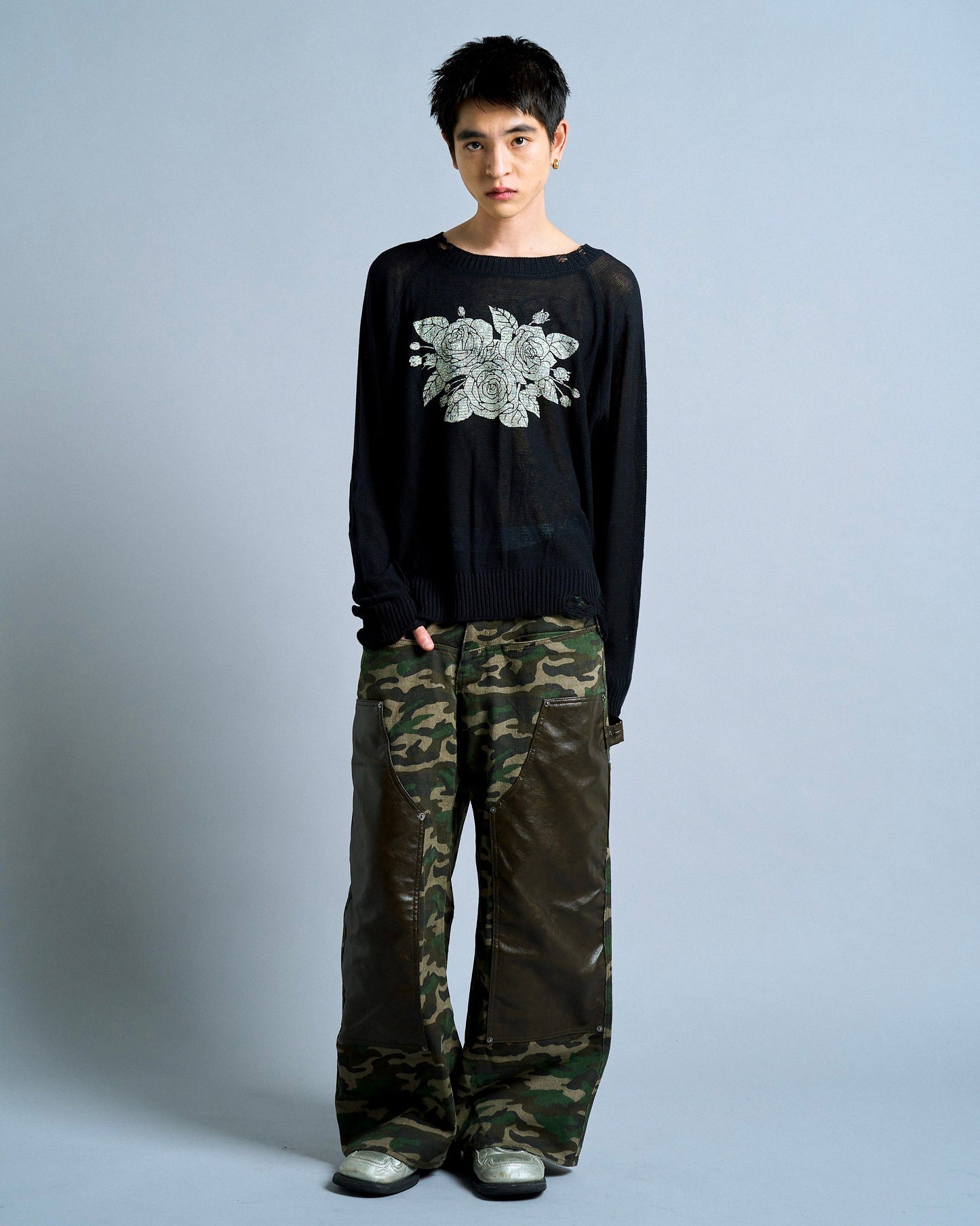 flower paint broken long sleeve sheer sweater