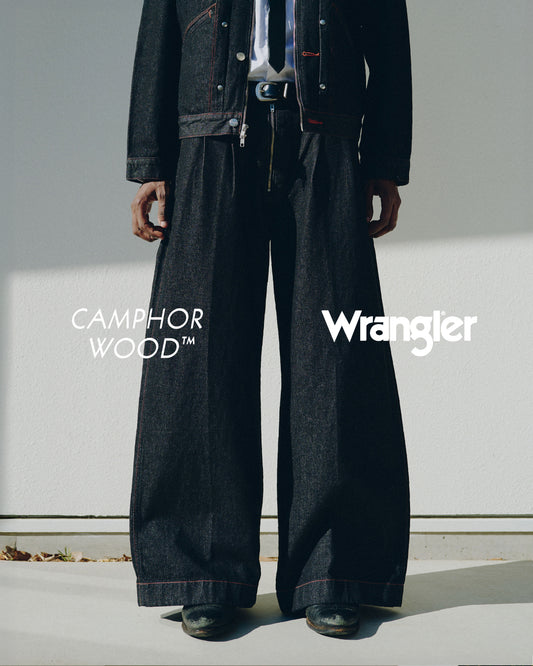 【Wrangler × CamphorWood】 front zip 2tuck wide baggy flare broken denim trousers