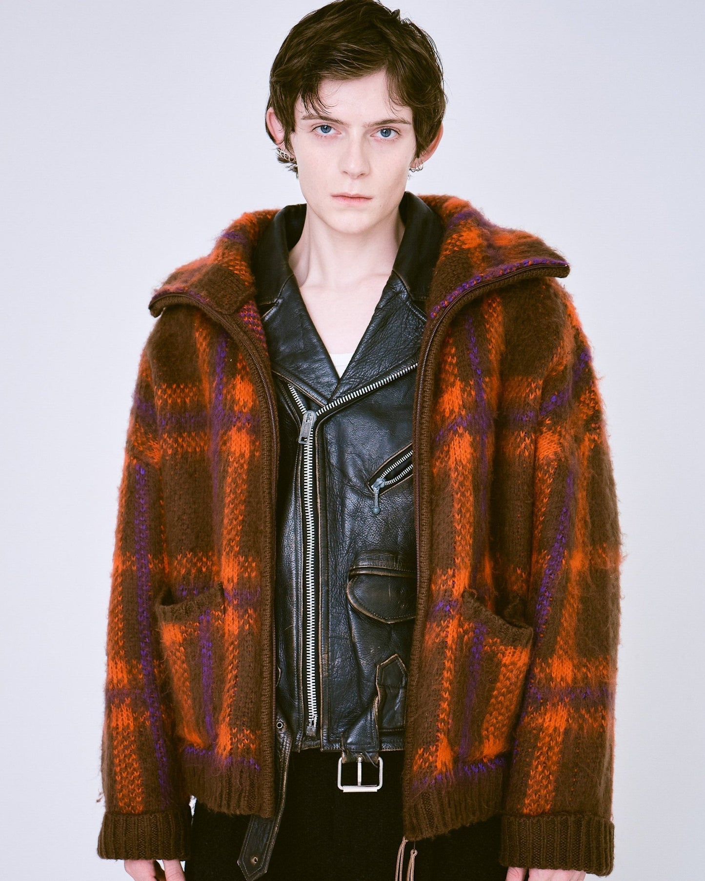 brushed check drivers knit jacket