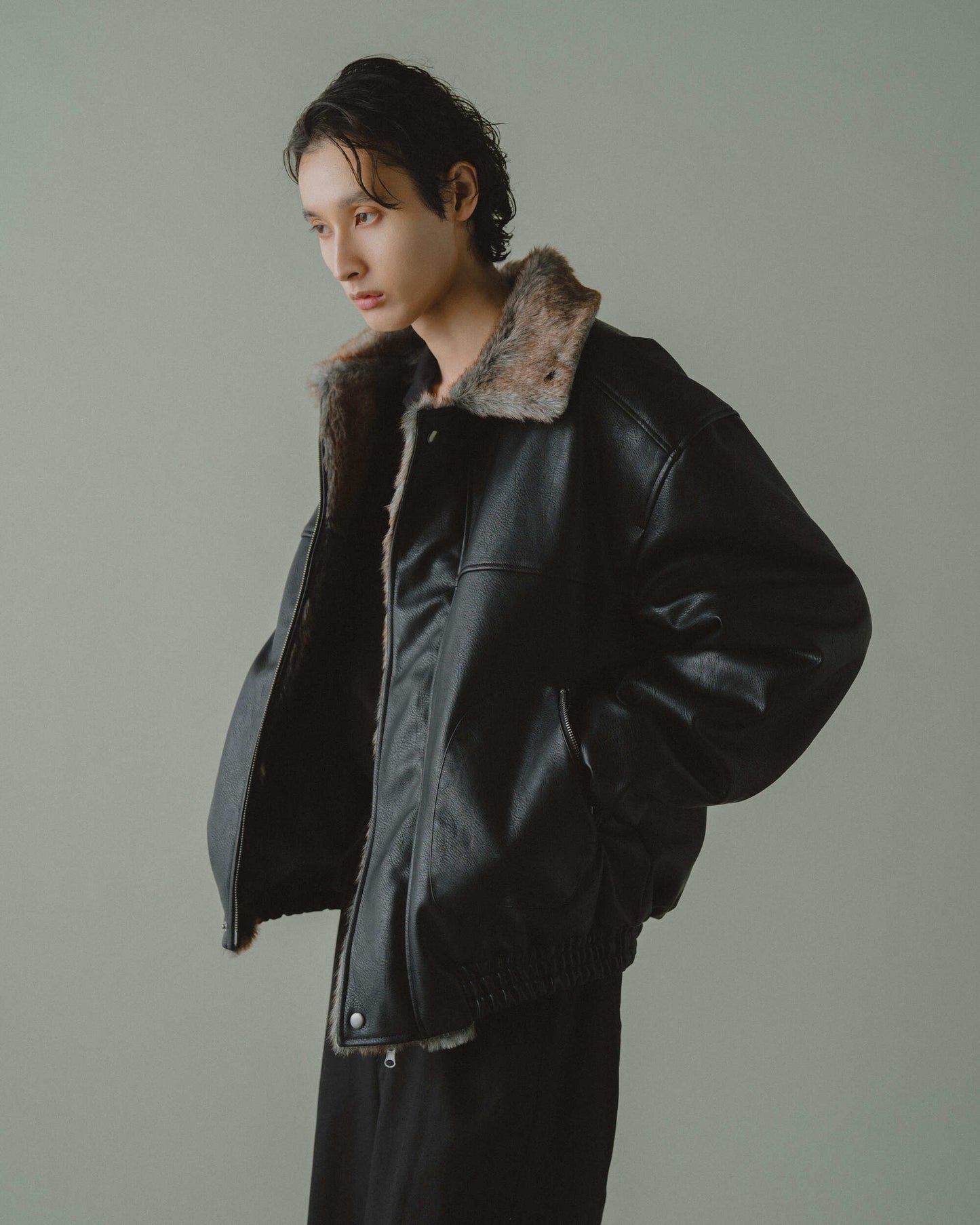 leather/fur faux reversible flight jacket