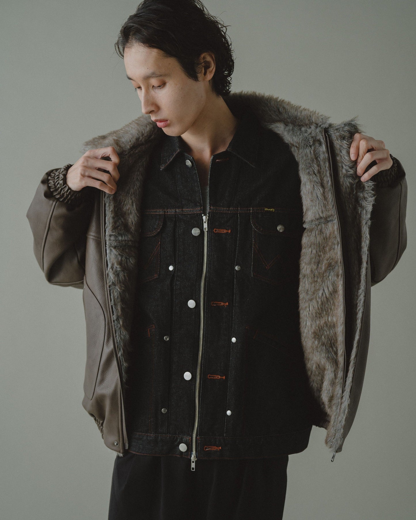 leather/fur faux reversible flight jacket