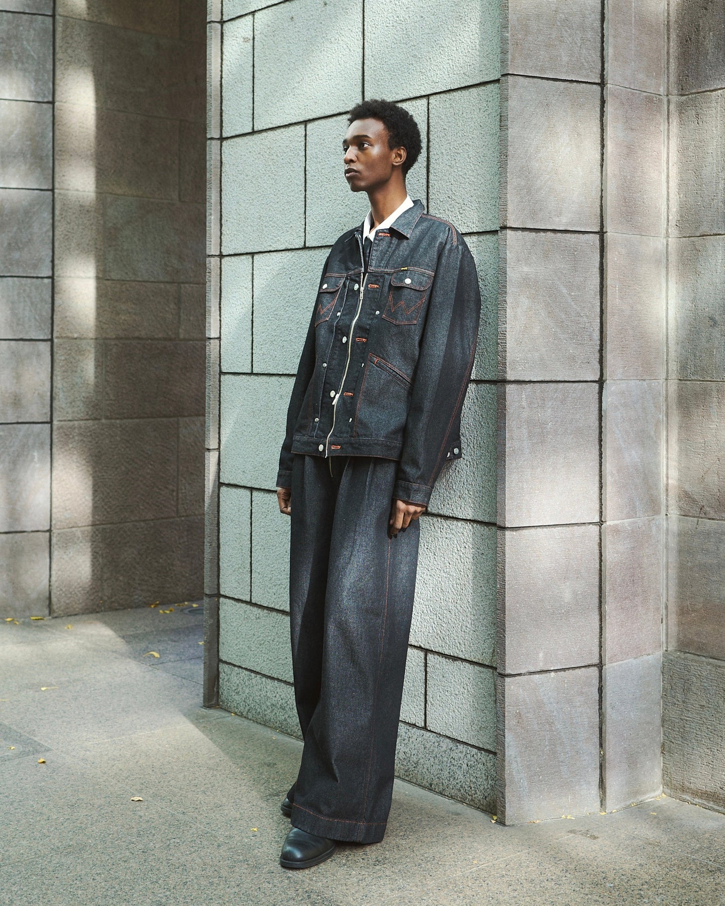 【 CamphorWood × Wrangler 】front zip wide baggy broken denim trousers