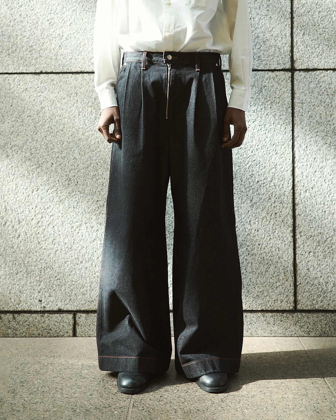 パンツ camphor wood wide baggy broken denim CamphorWood × Wrangler 】front zip wide baggy broken denim
