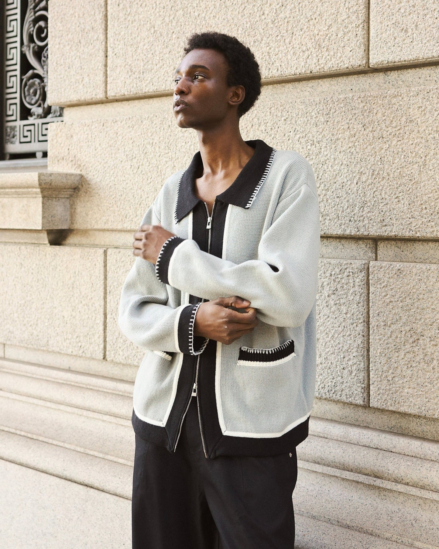 with collar stitching zipper knit shirt jacket