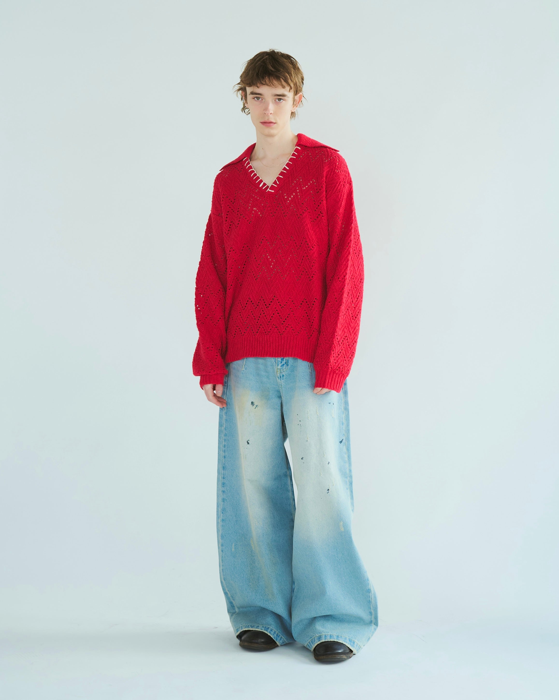Camphor wood ジーンズ wide baggy spray processing denim