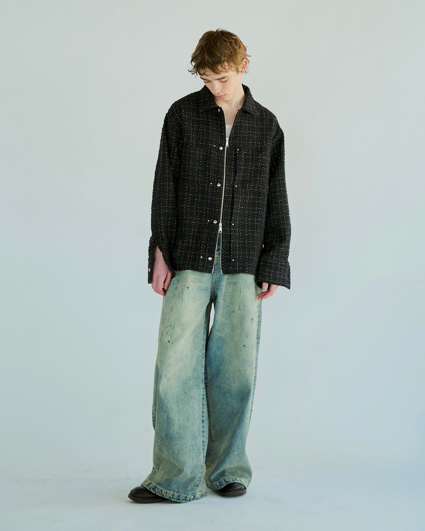 lame tweed double zipper shirt jacket