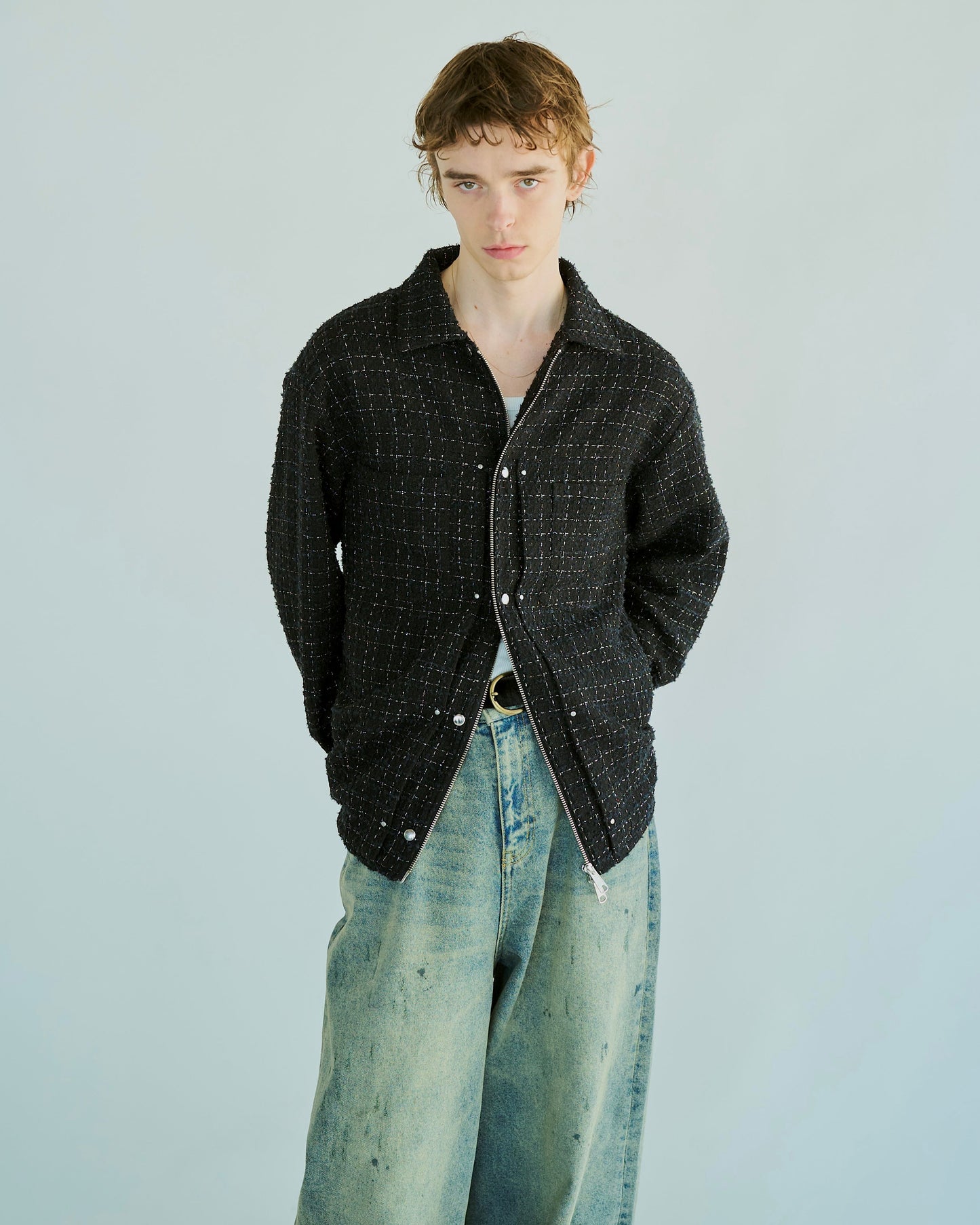 lame tweed double zipper shirt jacket