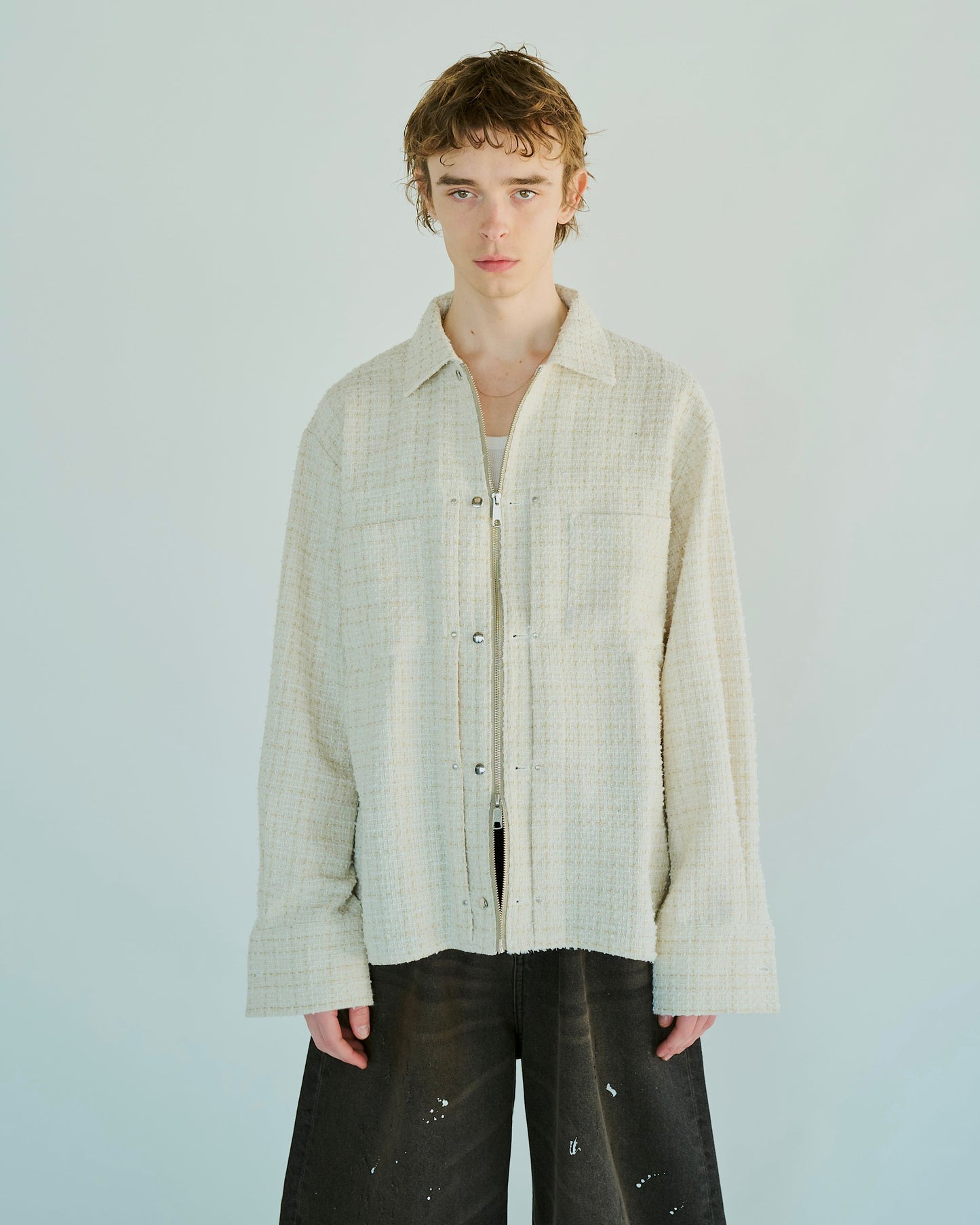 lame tweed double zipper shirt jacket
