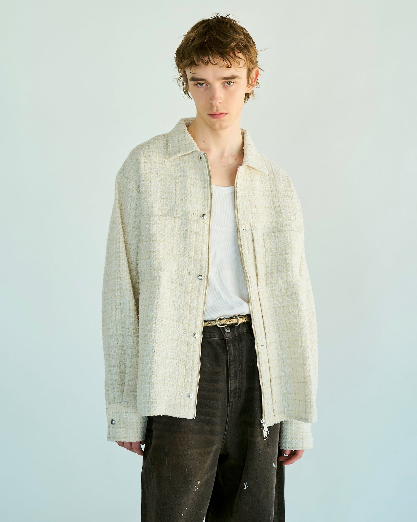 lame tweed double zipper shirt jacket