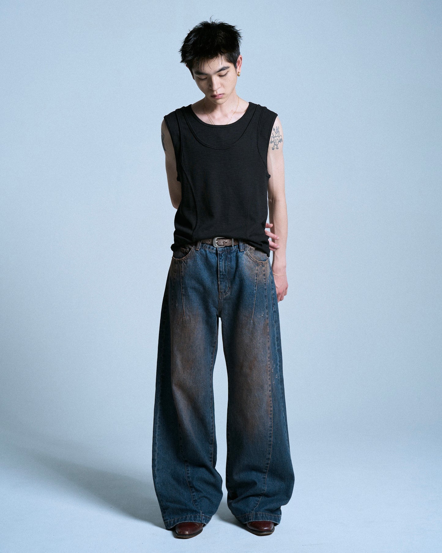SIDE SEAM SEMI-FLARE SLUB JEANS