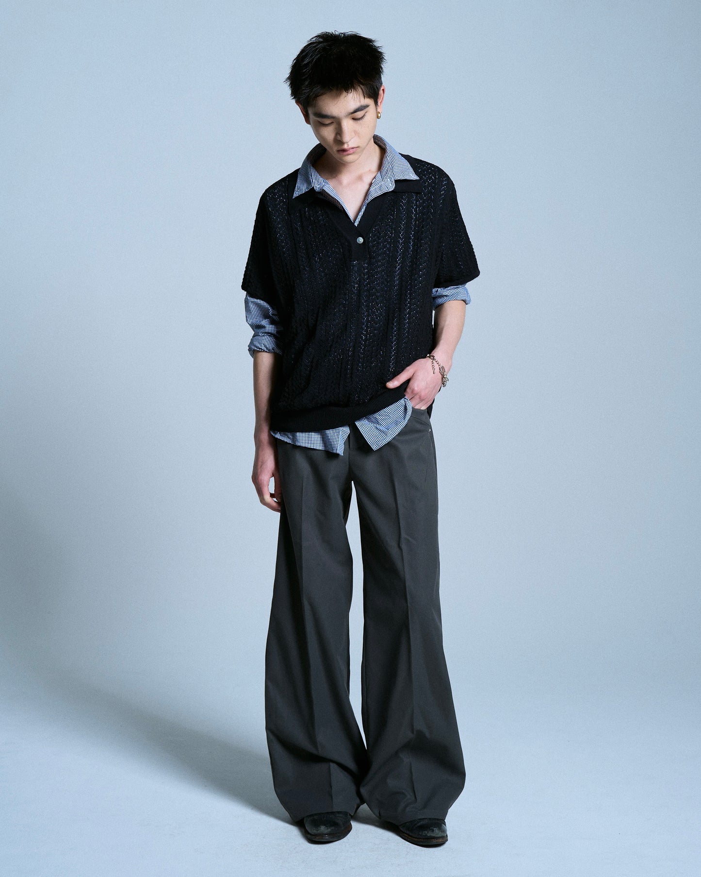 PRESSED POLYESTER FLARE SLACKS
