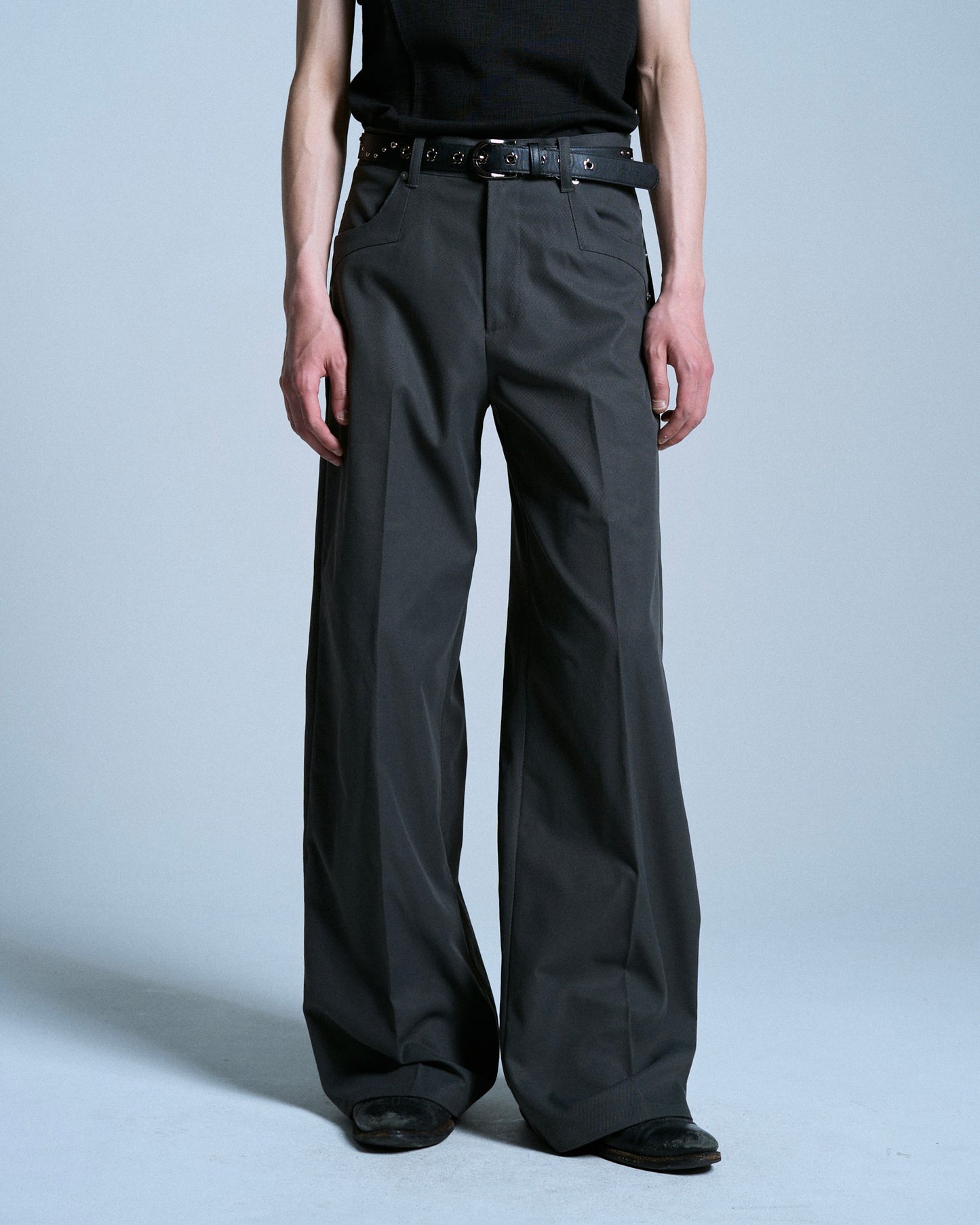 PRESSED POLYESTER FLARE SLACKS