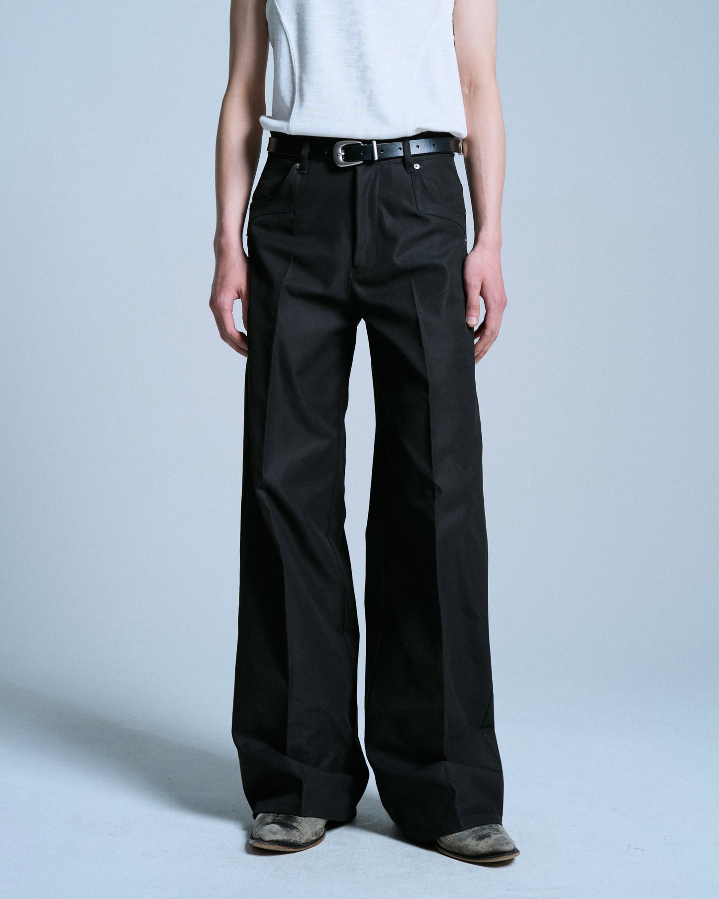 PRESSED POLYESTER FLARE SLACKS