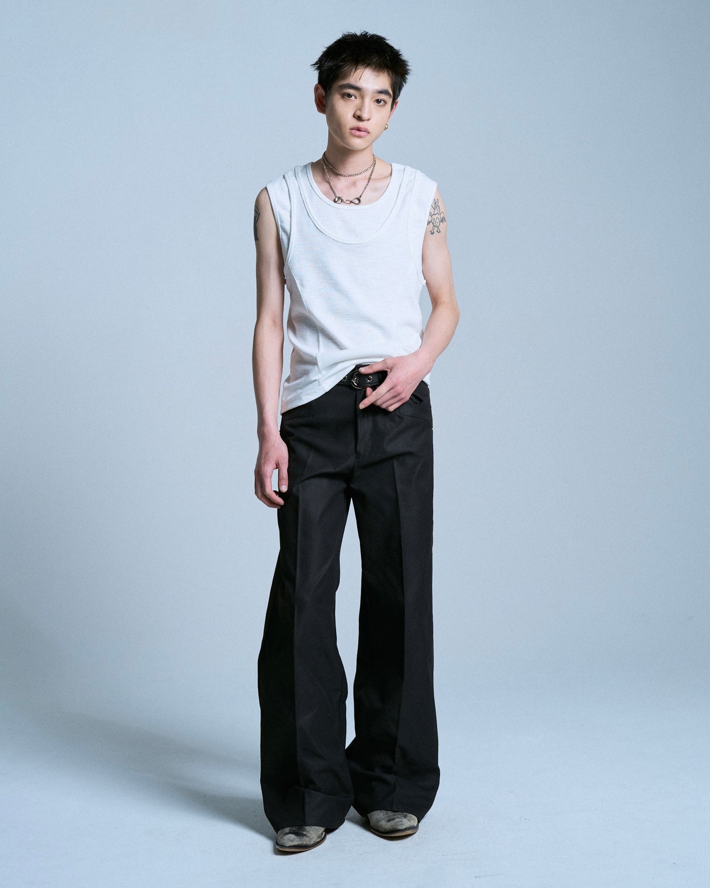 PRESSED POLYESTER FLARE SLACKS