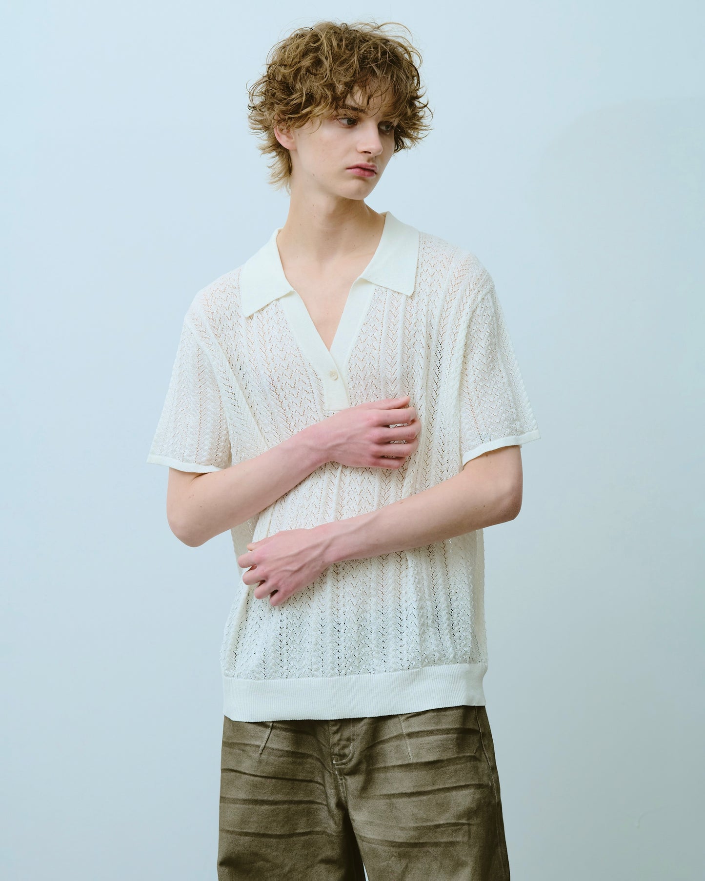 rayon openwork skipper knit shirt