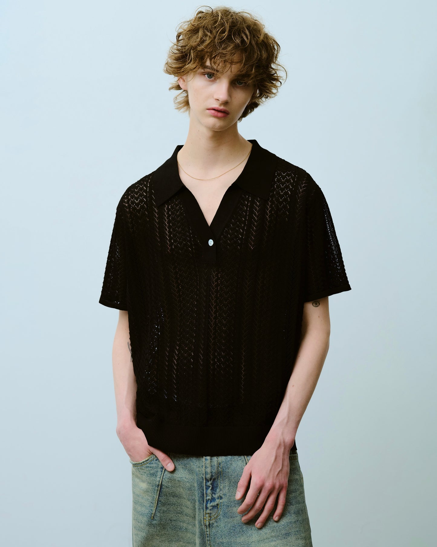 rayon openwork skipper knit shirt