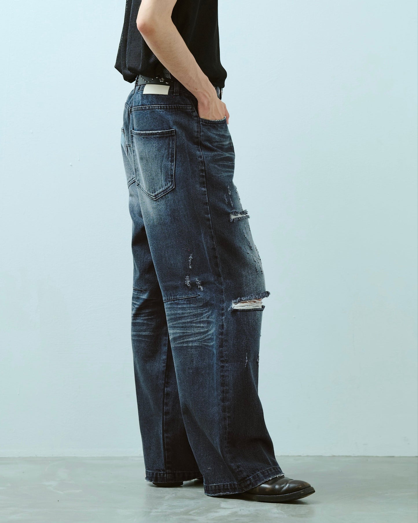 wide baggy broken denim trousers