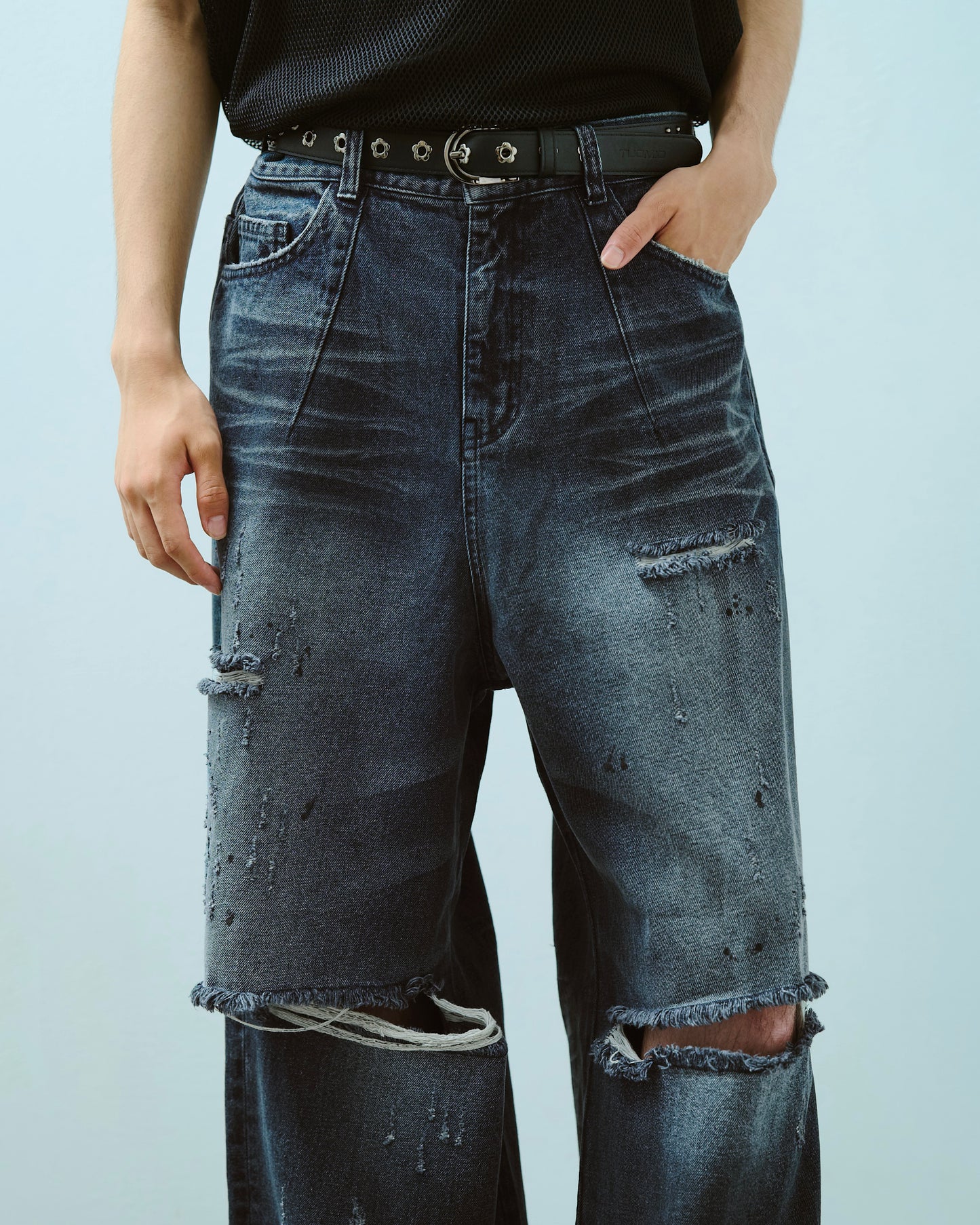 wide baggy broken denim trousers
