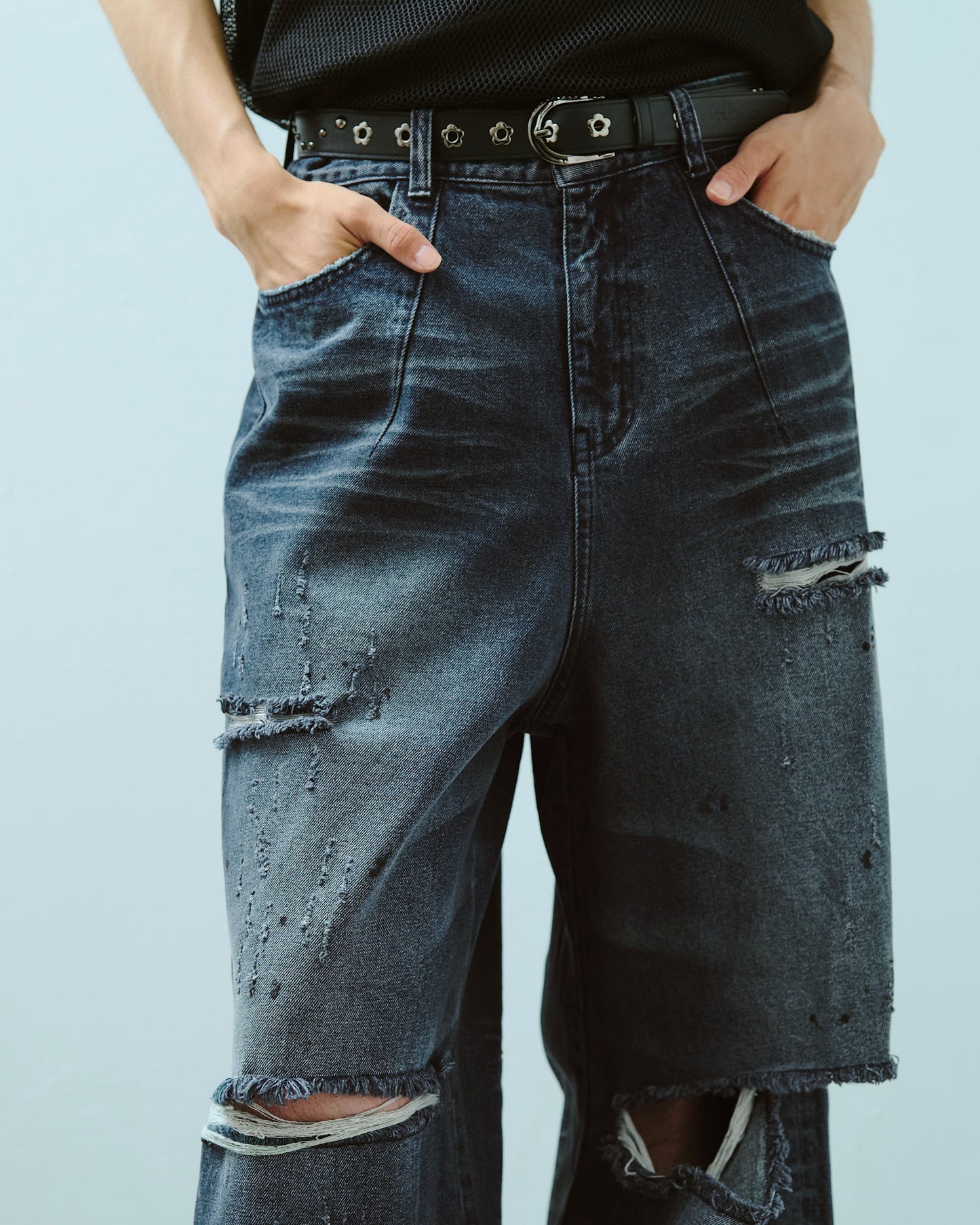 wide baggy broken denim trousers