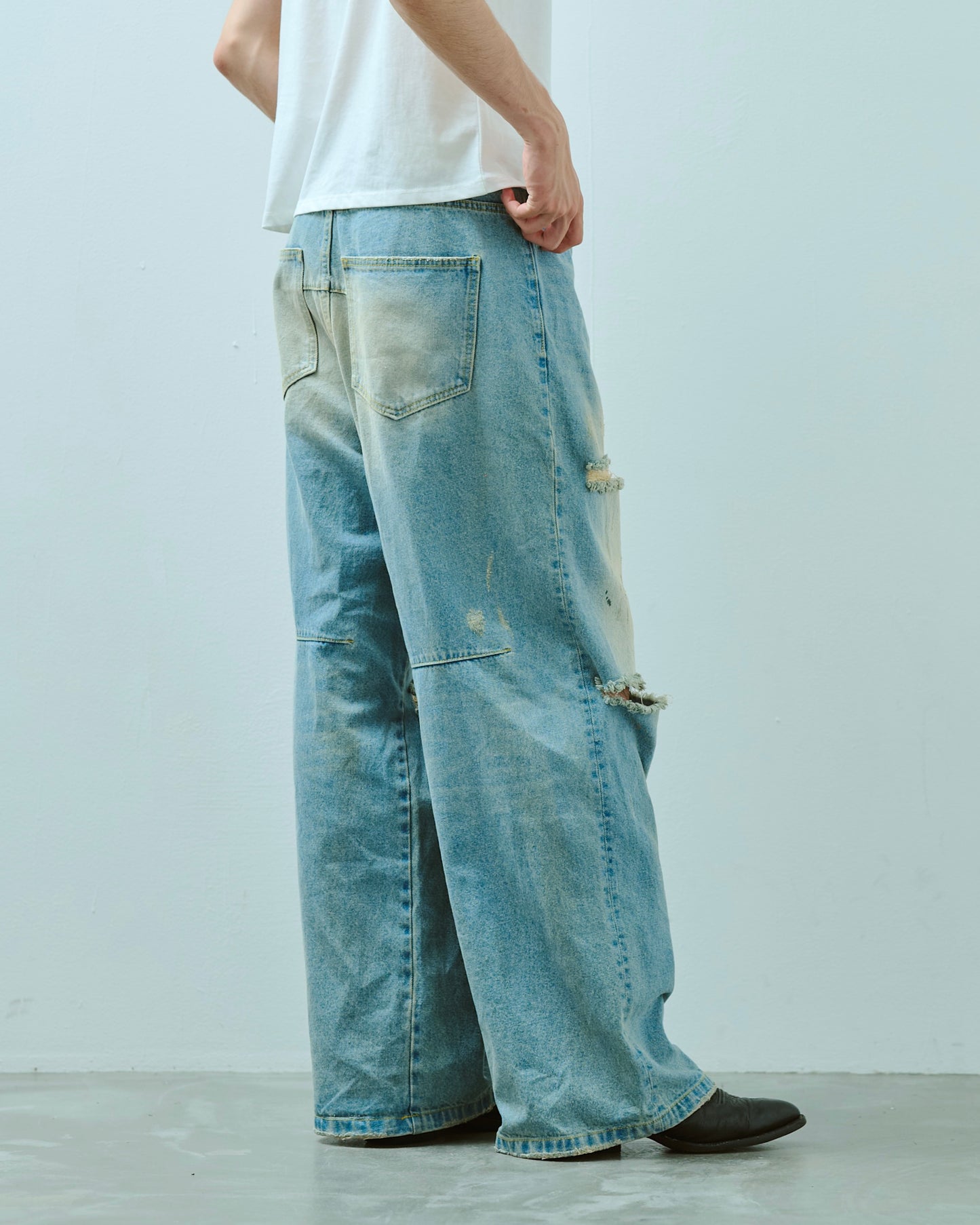 wide baggy broken denim trousers