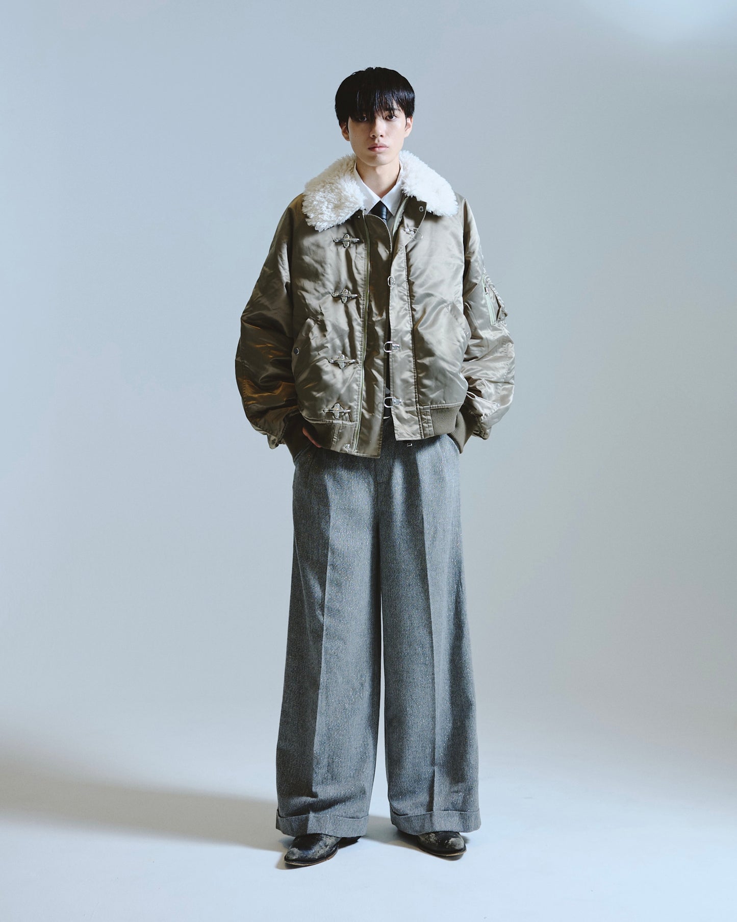 2tuck wide baggy slacks - RAME TWEED