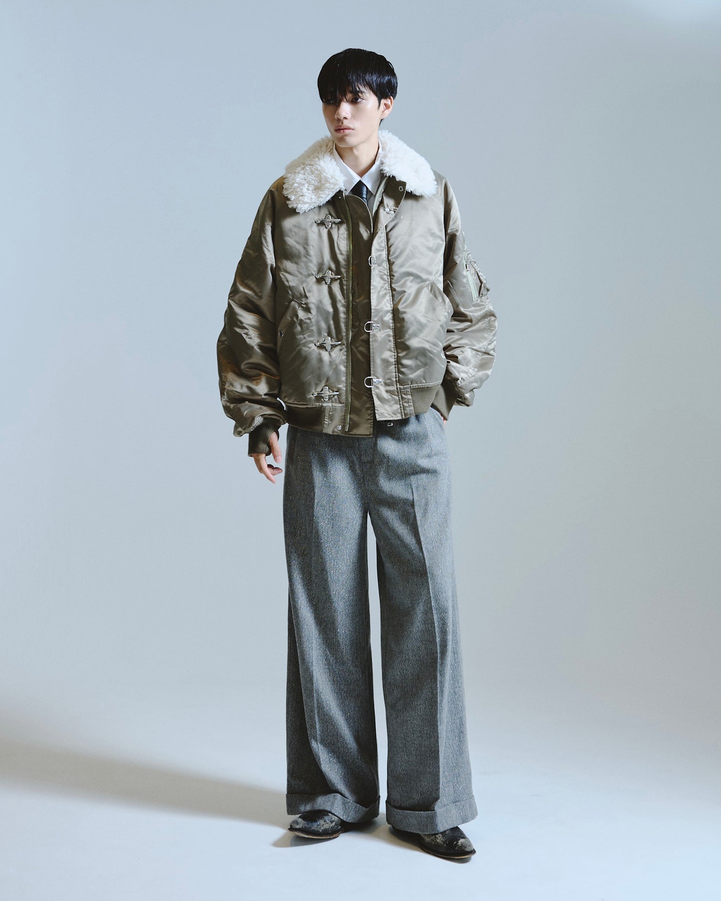 2tuck wide baggy slacks - RAME TWEED