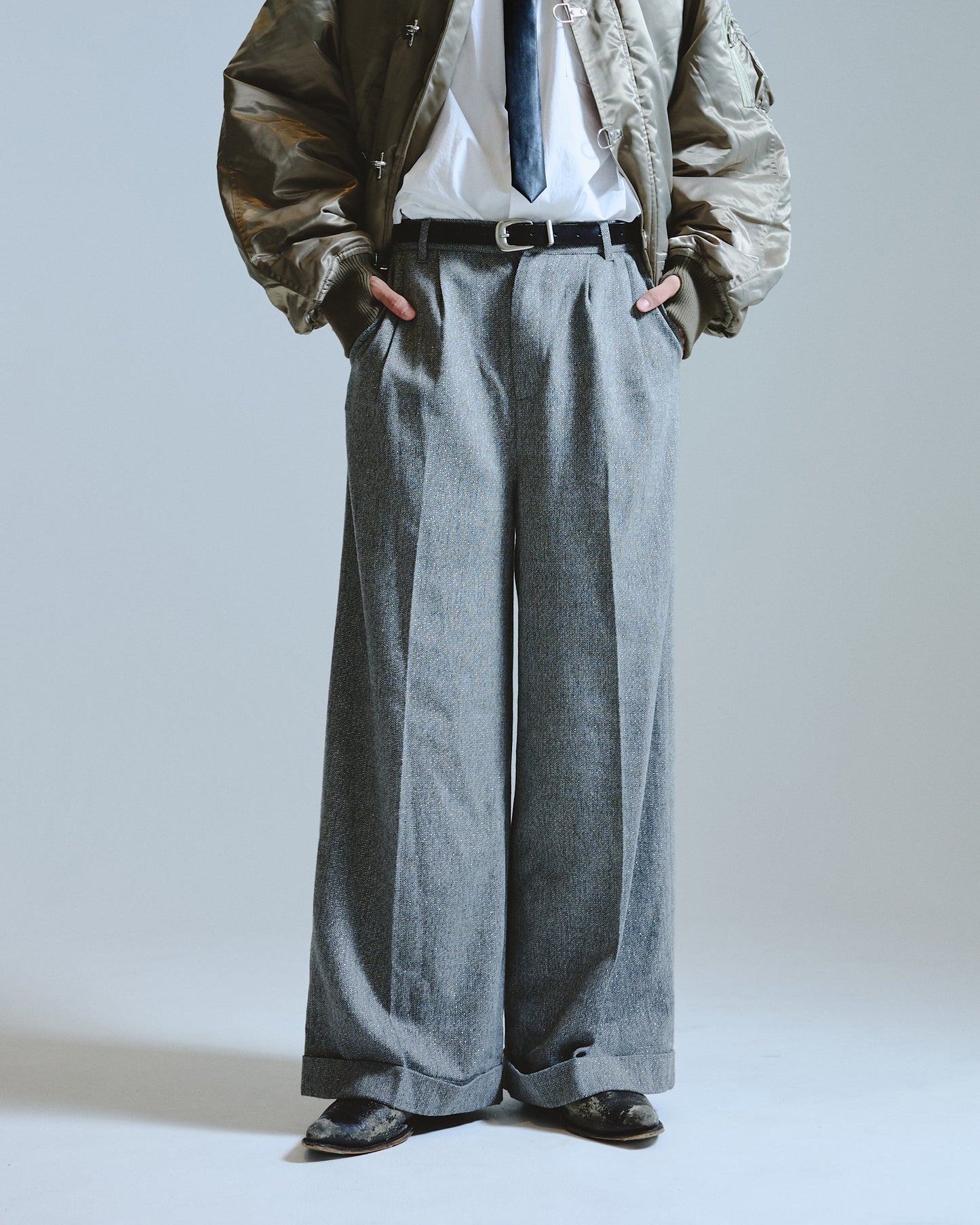 2tuck wide baggy slacks - RAME TWEED