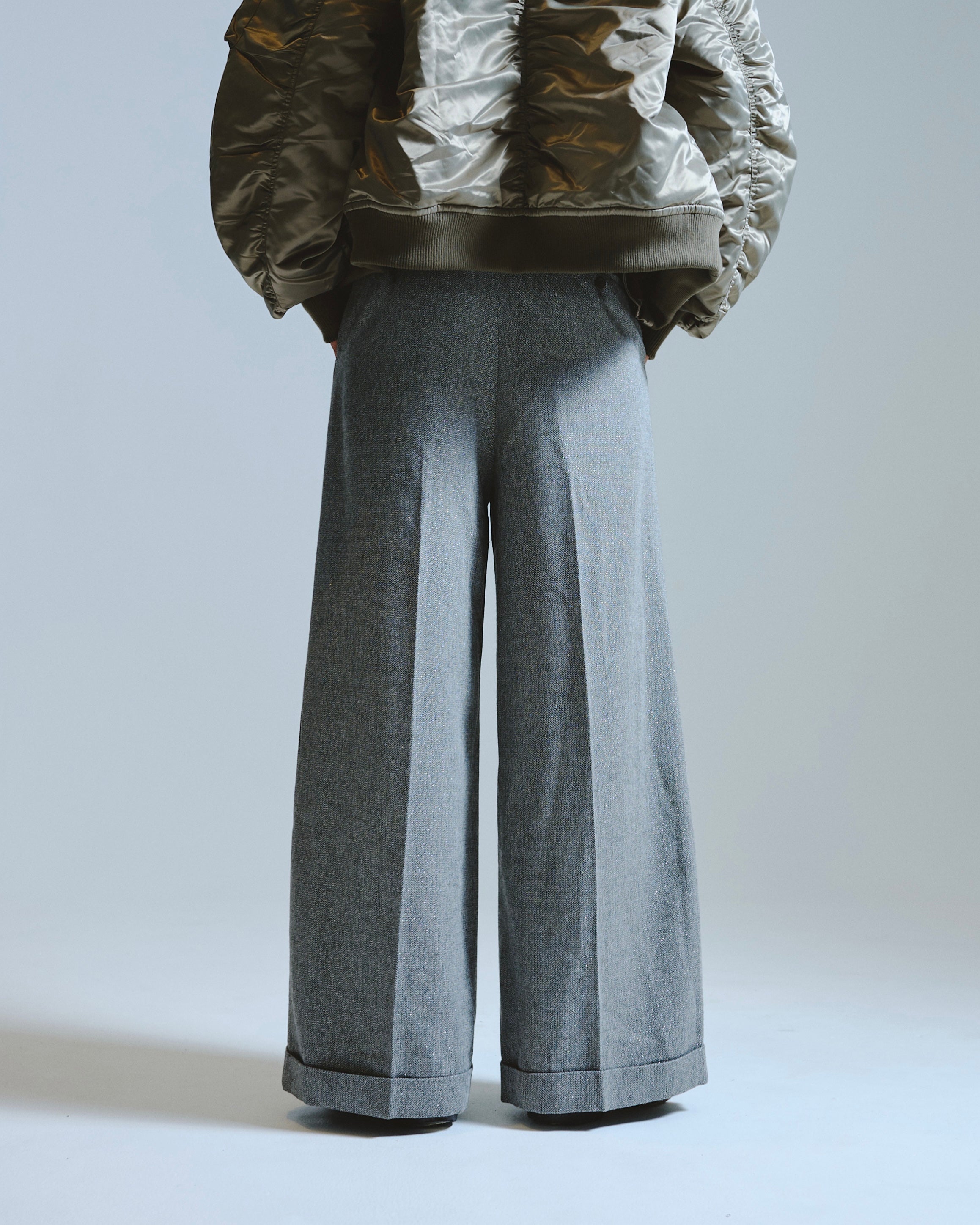 2TUCK WIDE BAGGY FLARE SLACKS - RAME TWEED – CAMPHOR WOOD