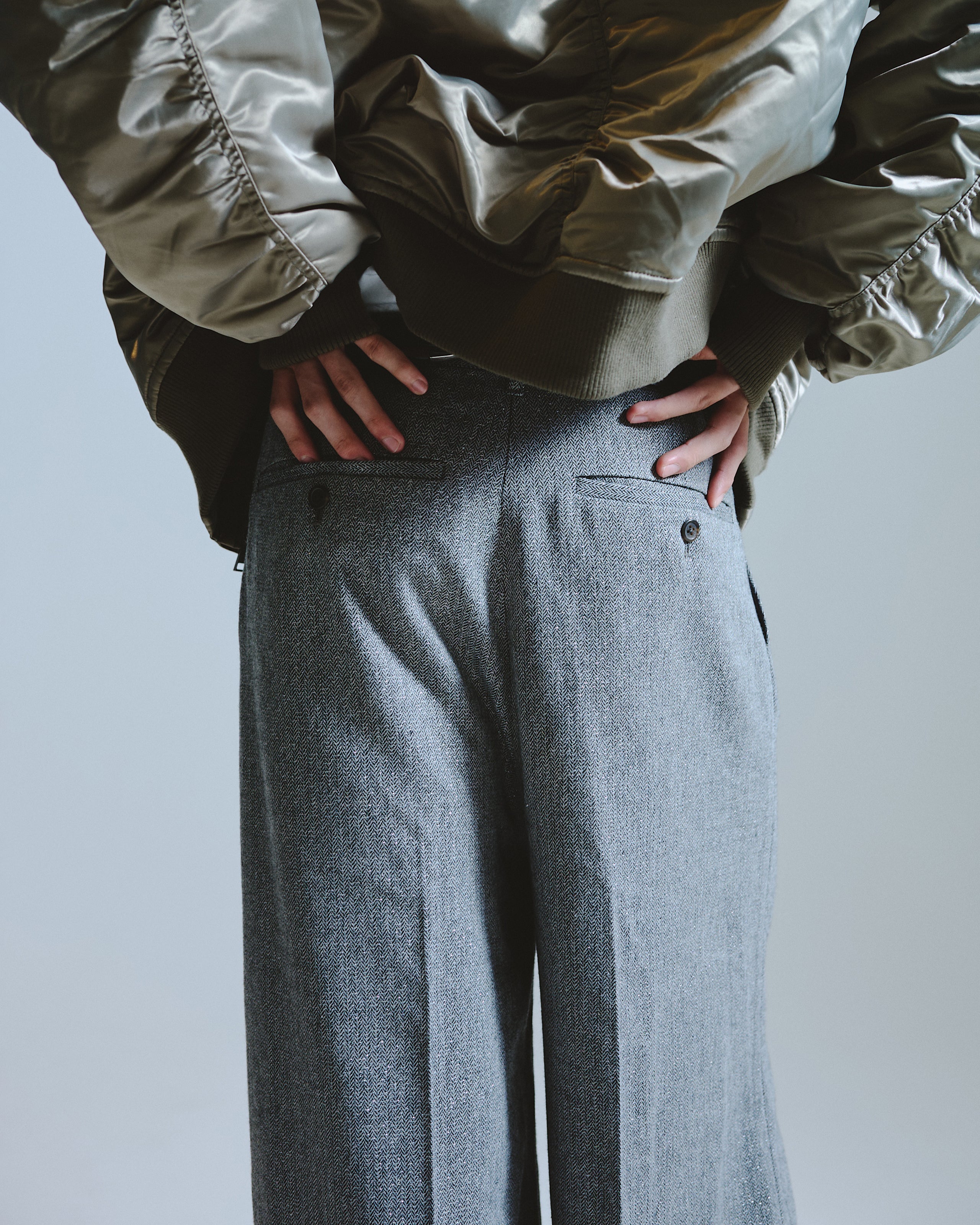 2TUCK WIDE BAGGY FLARE SLACKS - RAME TWEED – CAMPHOR WOOD