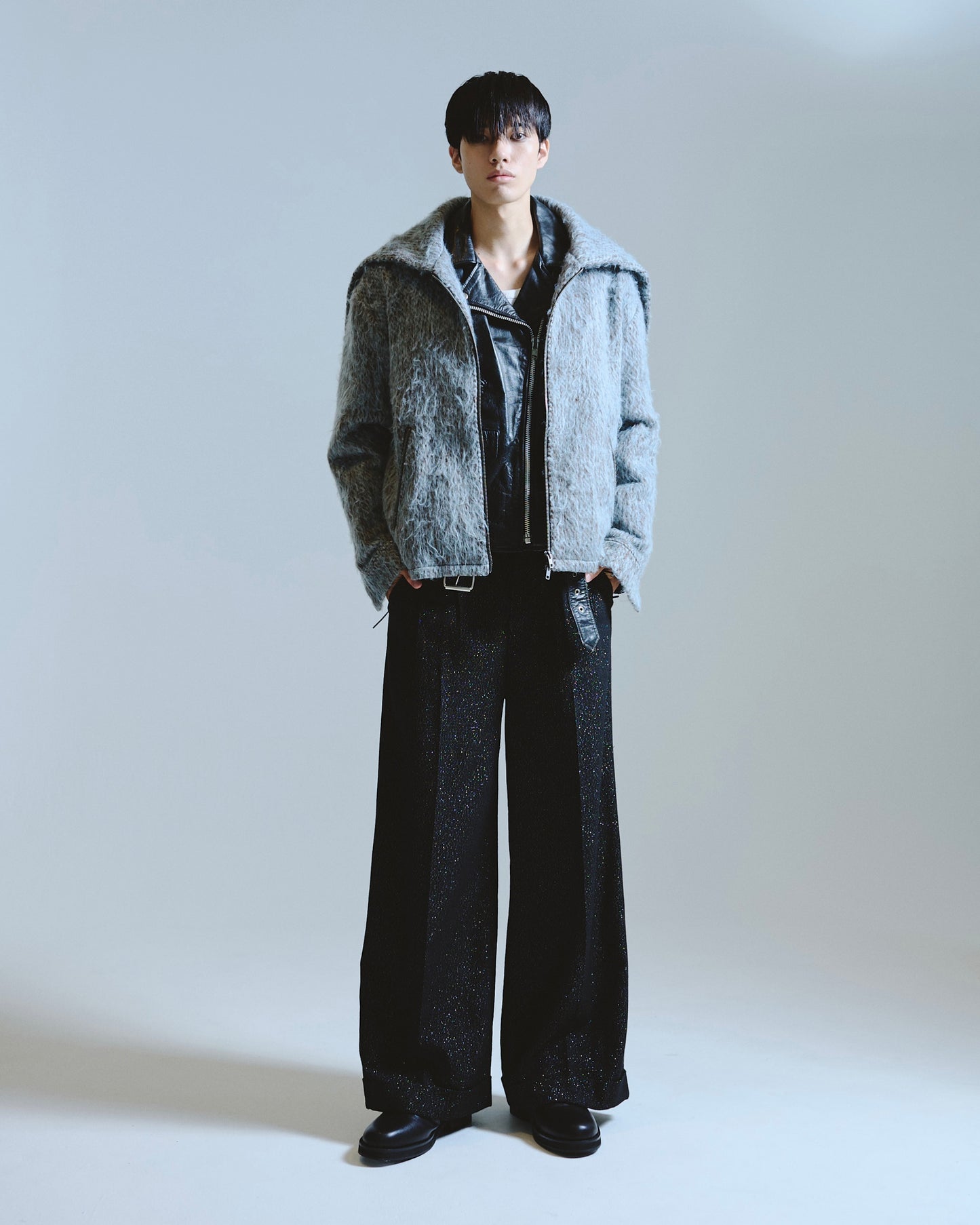 2tuck wide baggy slacks - RAME TWEED