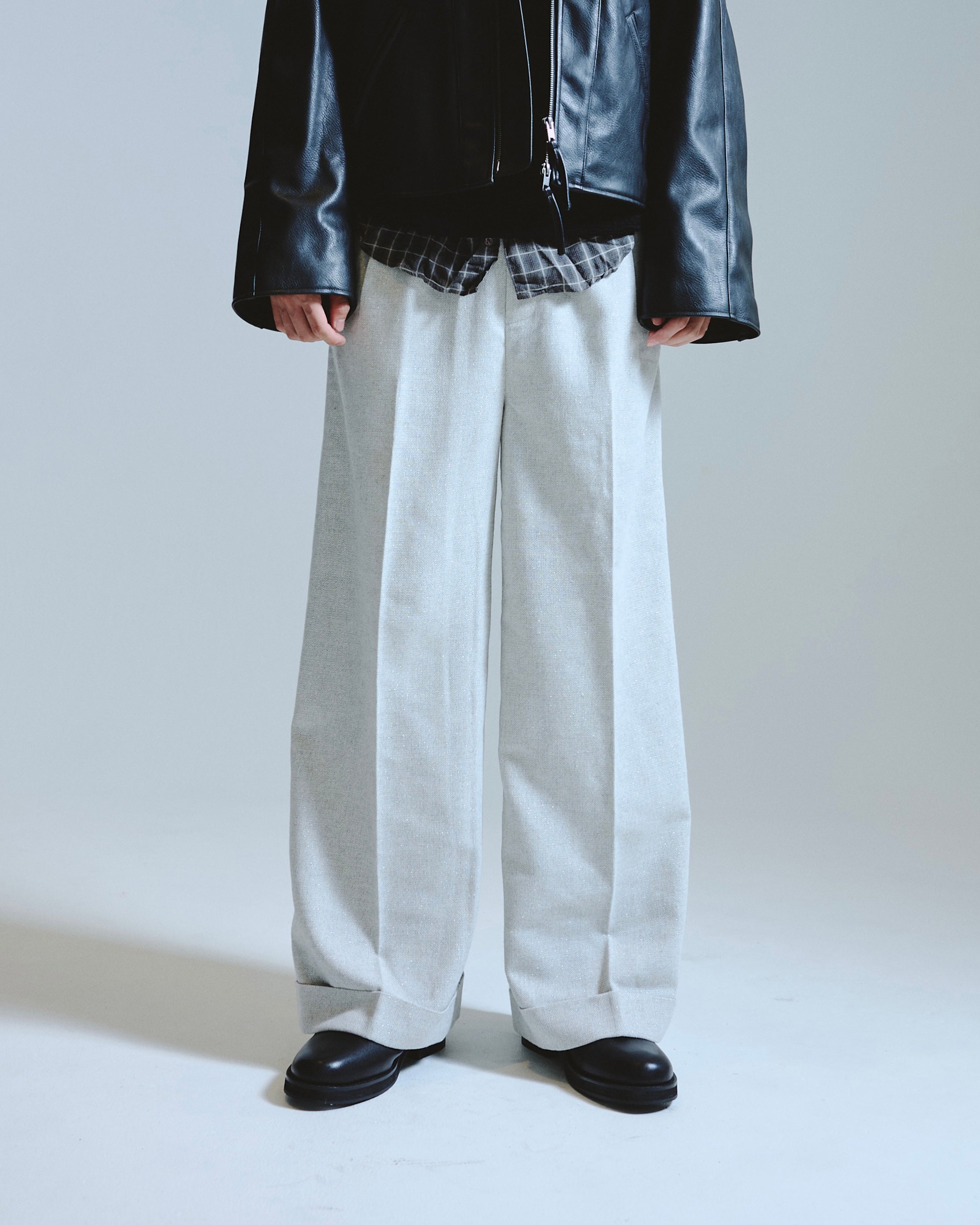 2tuck wide baggy slacks - RAME TWEED – CAMPHOR WOOD - OFFICIAL