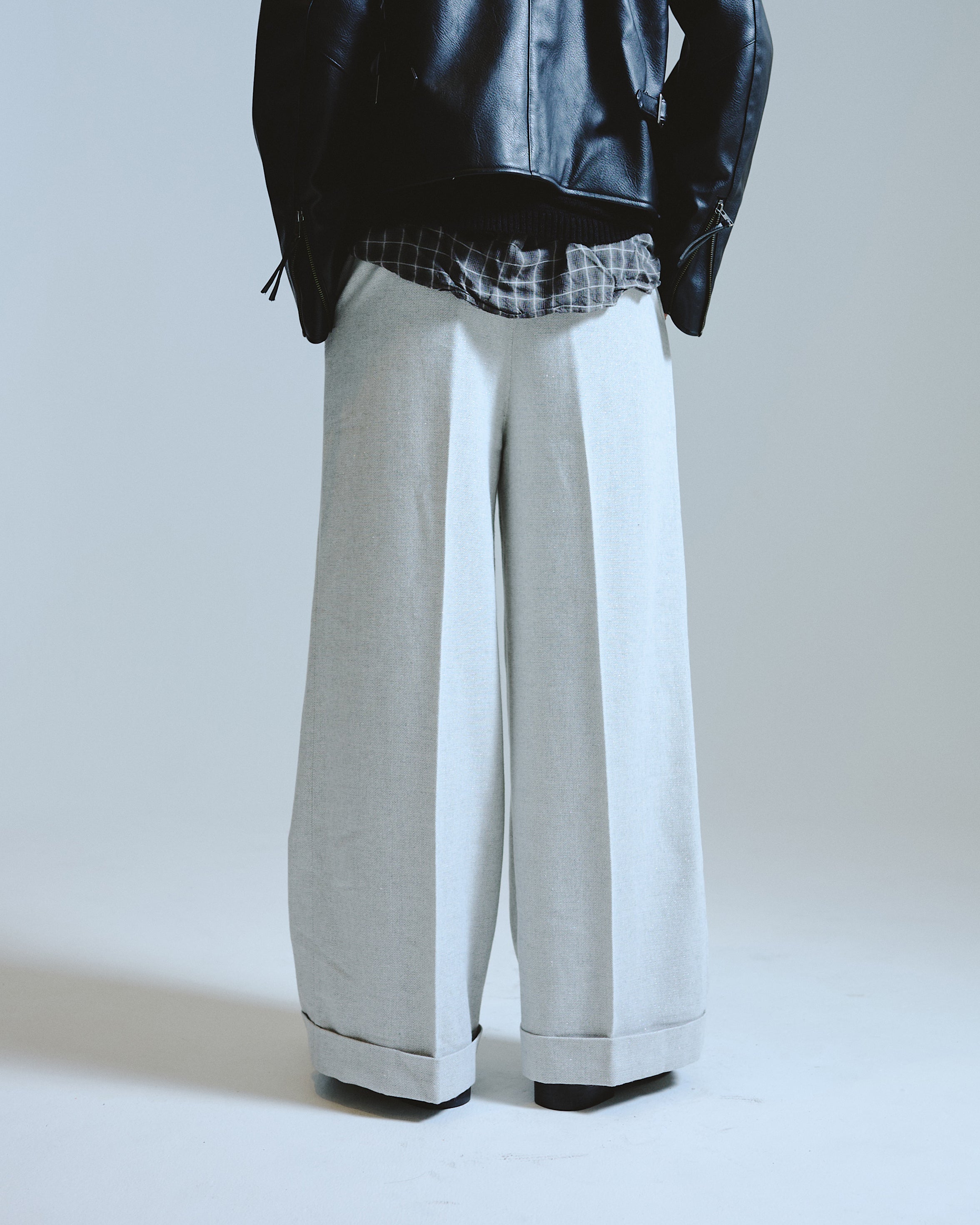 2TUCK WIDE BAGGY FLARE SLACKS - RAME TWEED – CAMPHOR WOOD