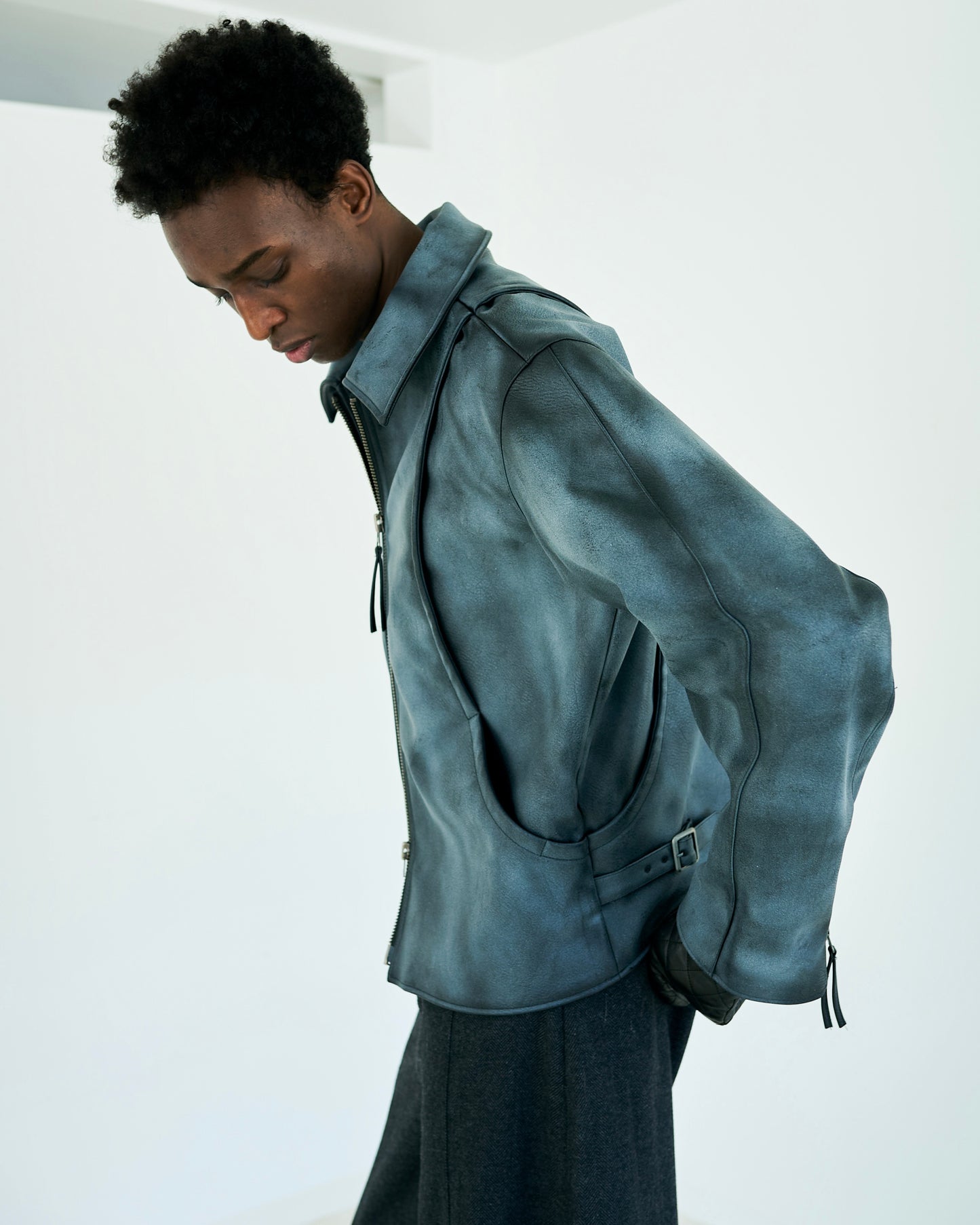 FADED SHORT LENGTH PU-LEATHER JACKET