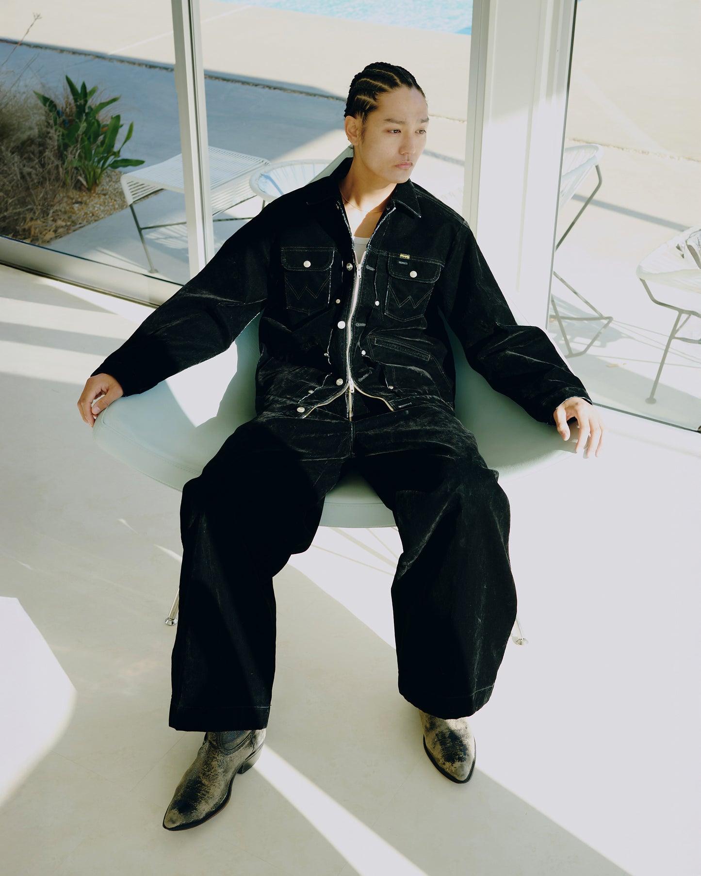 【Wrangler × CamphorWood】 front zip flocky 2tuck wide baggy flare broken denim trousers