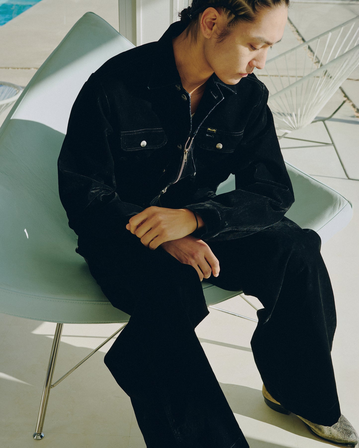 【Wrangler × CamphorWood】 front zip flocky 2tuck wide baggy flare broken denim trousers