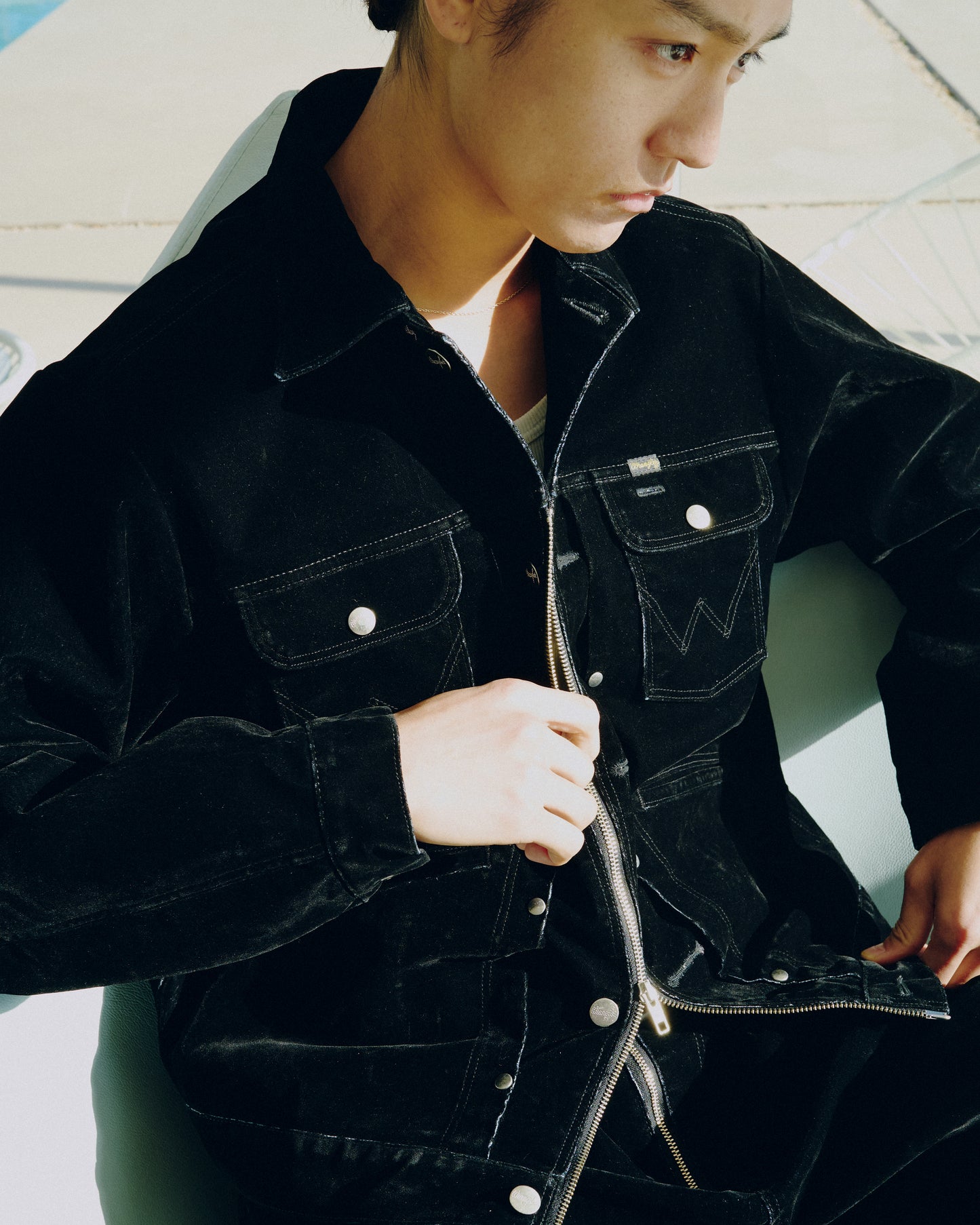 【Wrangler × CamphorWood】 front zip flocky 2tuck wide baggy flare broken denim trousers