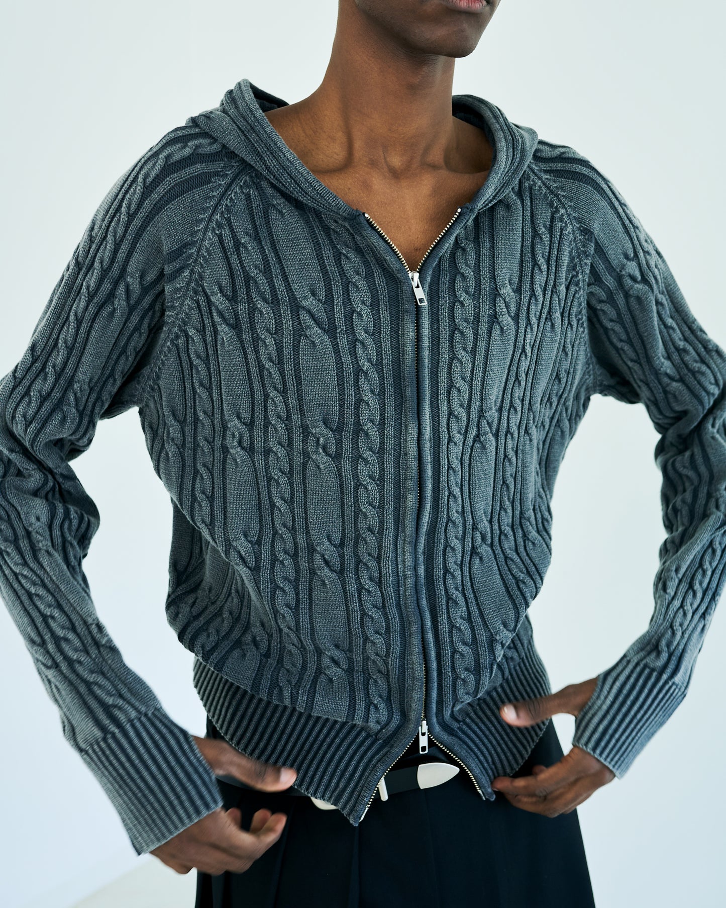 STONE WASH DOUBLE ZIP CABLE KNIT HOODIE