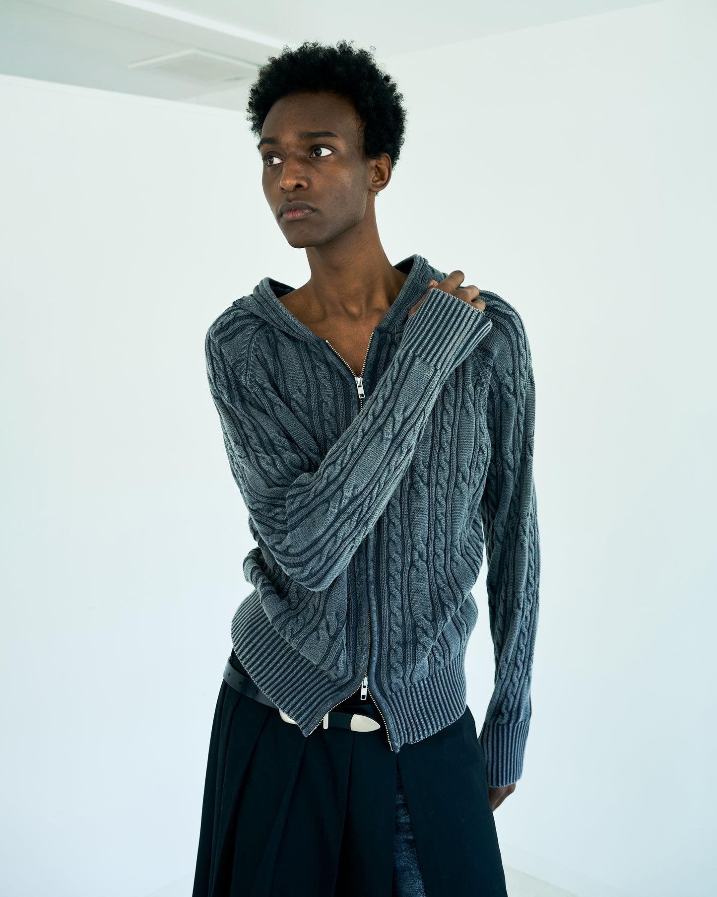 STONE WASH DOUBLE ZIP CABLE KNIT HOODIE