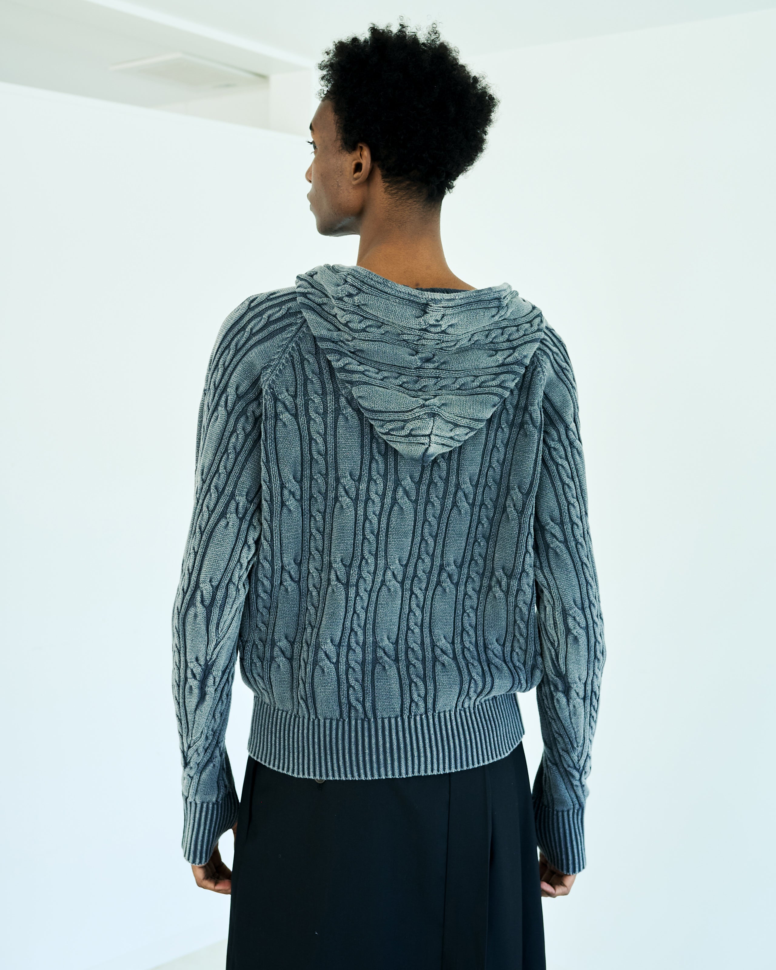 Camphor wood ウォッシュ加工ダブルジップケーブル柄ニットフーディ STONE WASH DOUBLE ZIP CABLE KNIT HOODIE – CAMPHOR WOOD - OFFICIAL