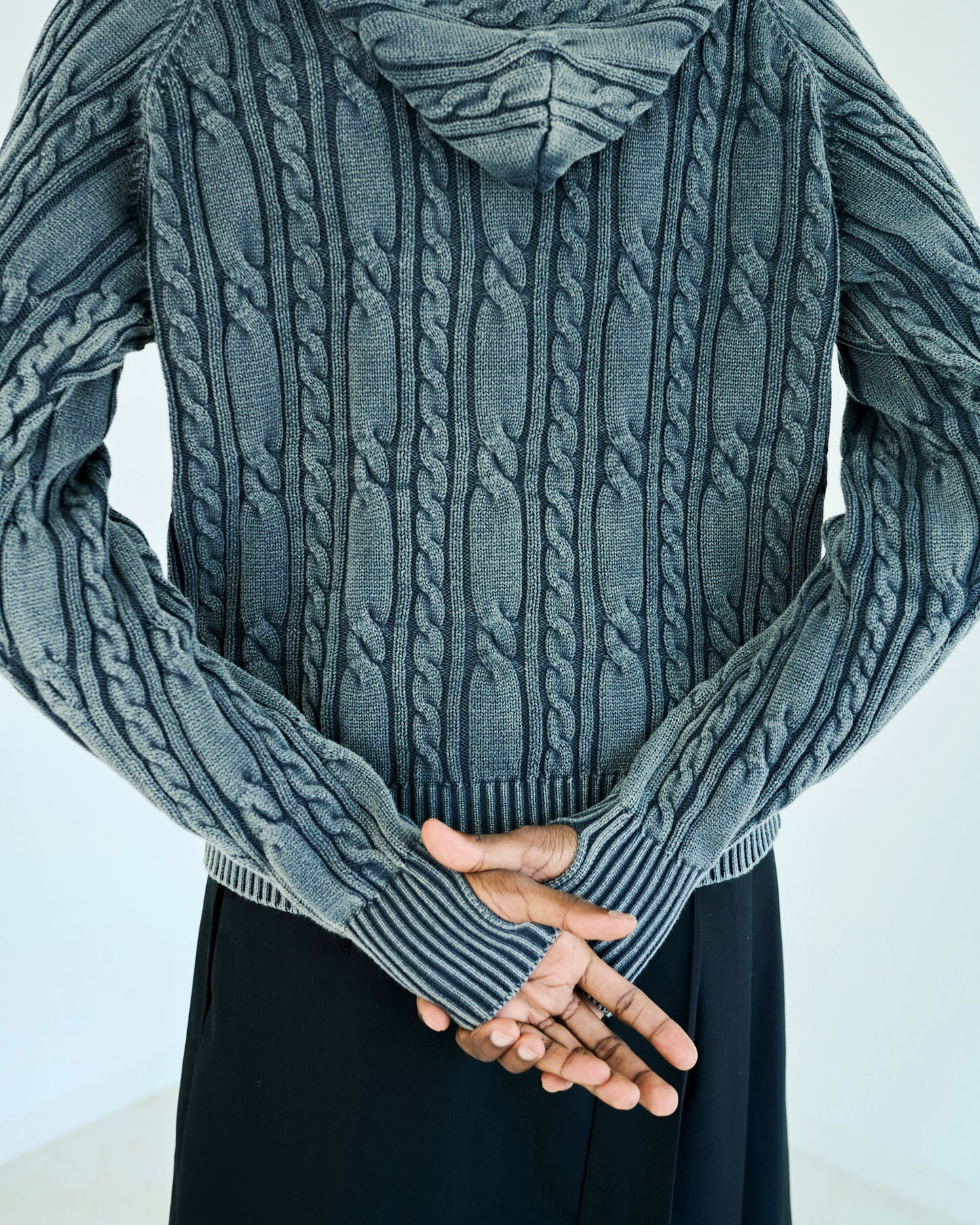 STONE WASH DOUBLE ZIP CABLE KNIT HOODIE