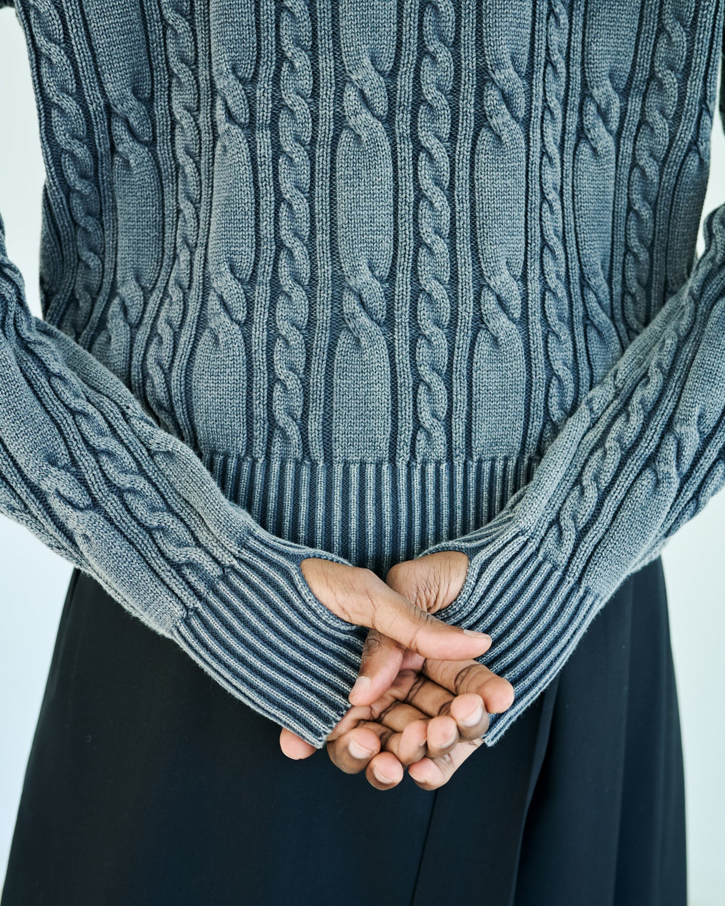 STONE WASH DOUBLE ZIP CABLE KNIT HOODIE