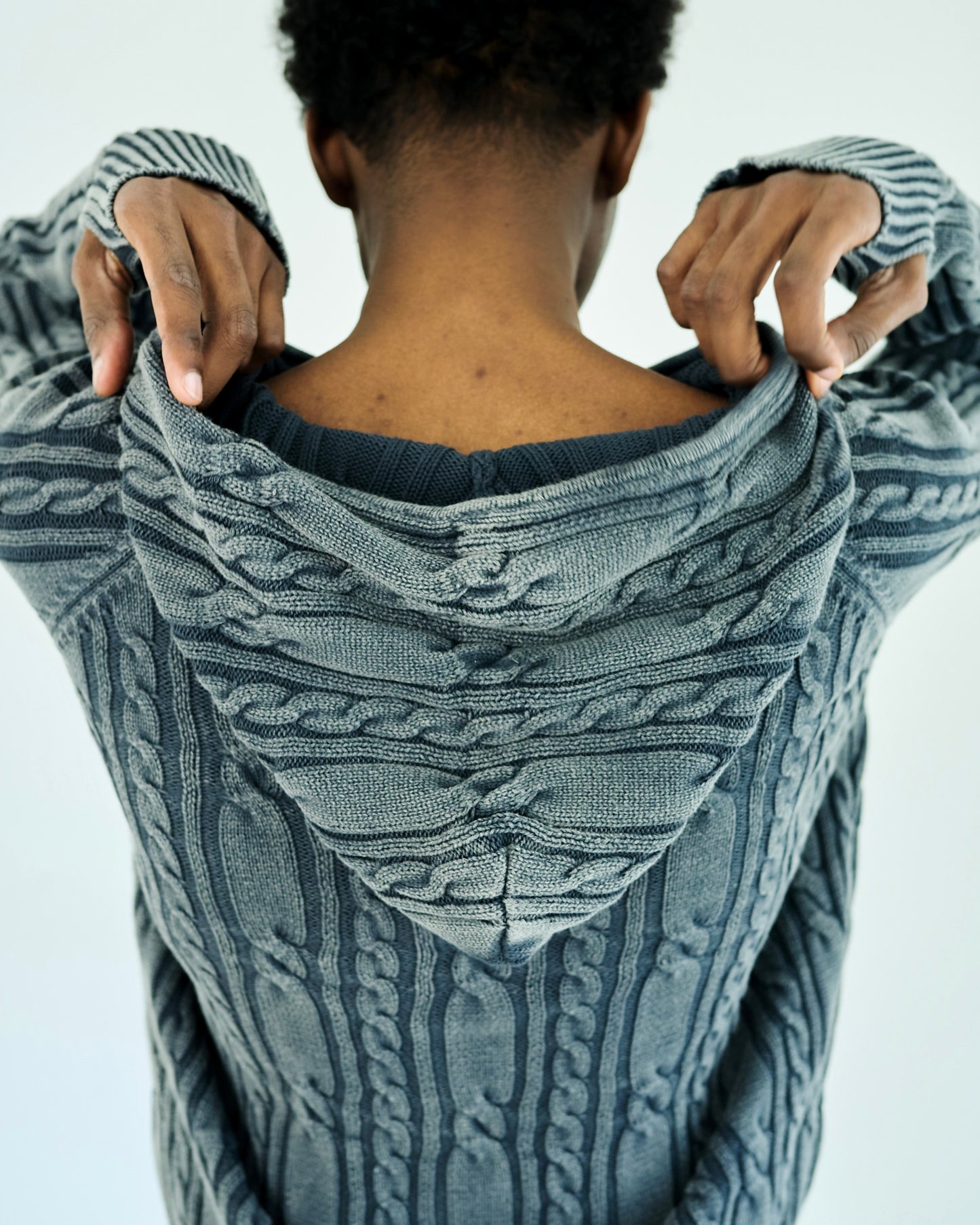 STONE WASH DOUBLE ZIP CABLE KNIT HOODIE