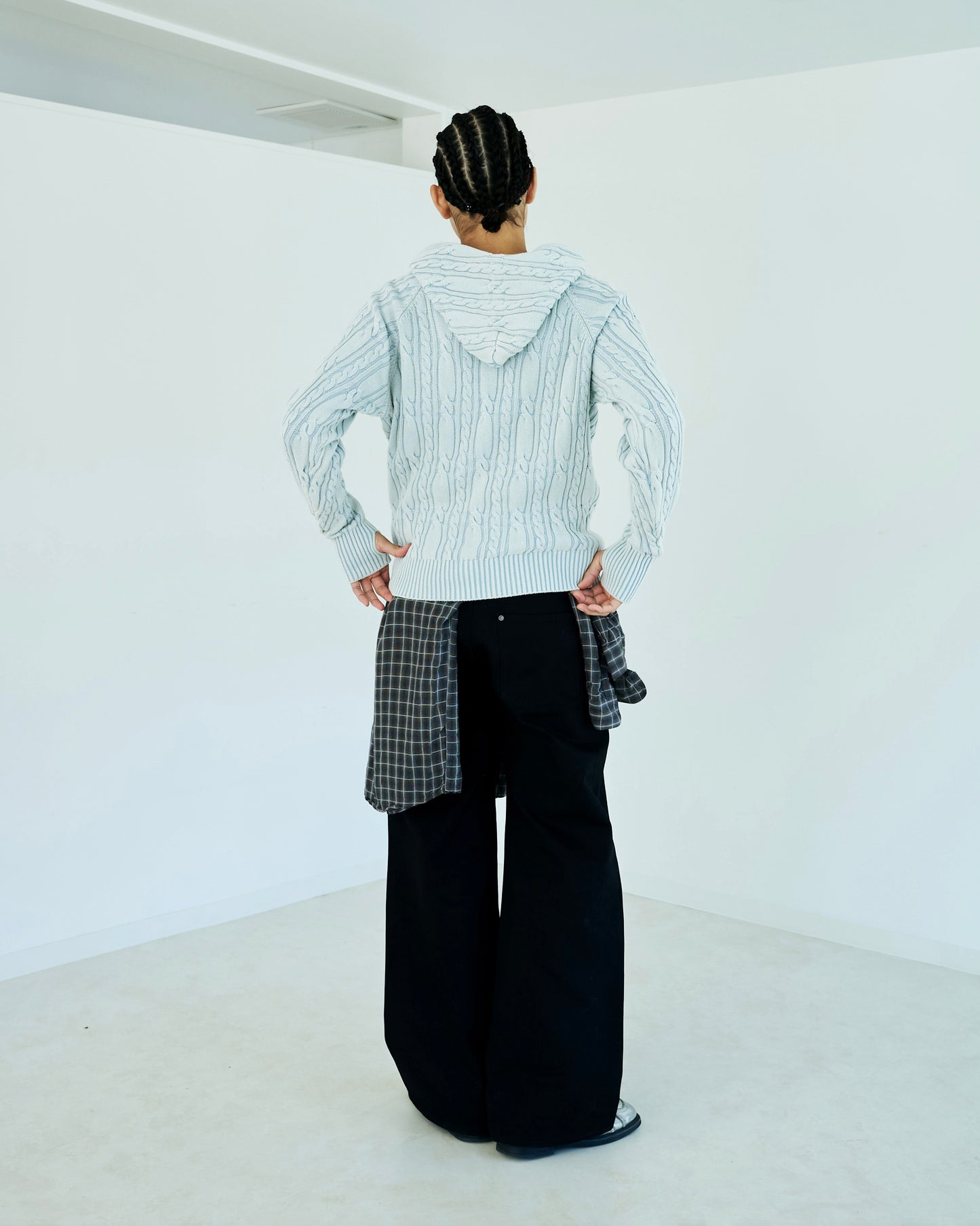 STONE WASH DOUBLE ZIP CABLE KNIT HOODIE