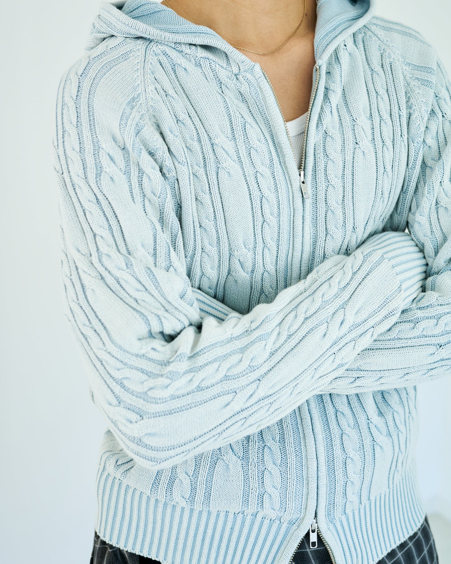 STONE WASH DOUBLE ZIP CABLE KNIT HOODIE