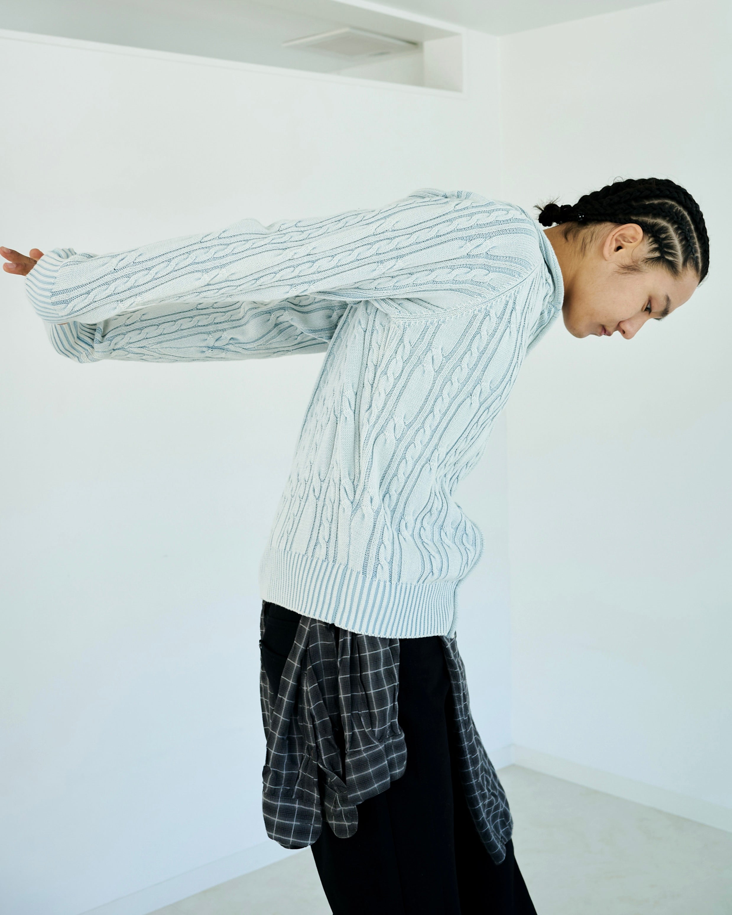 Camphor wood ウォッシュ加工ダブルジップケーブル柄ニットフーディ STONE WASH DOUBLE ZIP CABLE KNIT HOODIE – CAMPHOR WOOD - OFFICIAL
